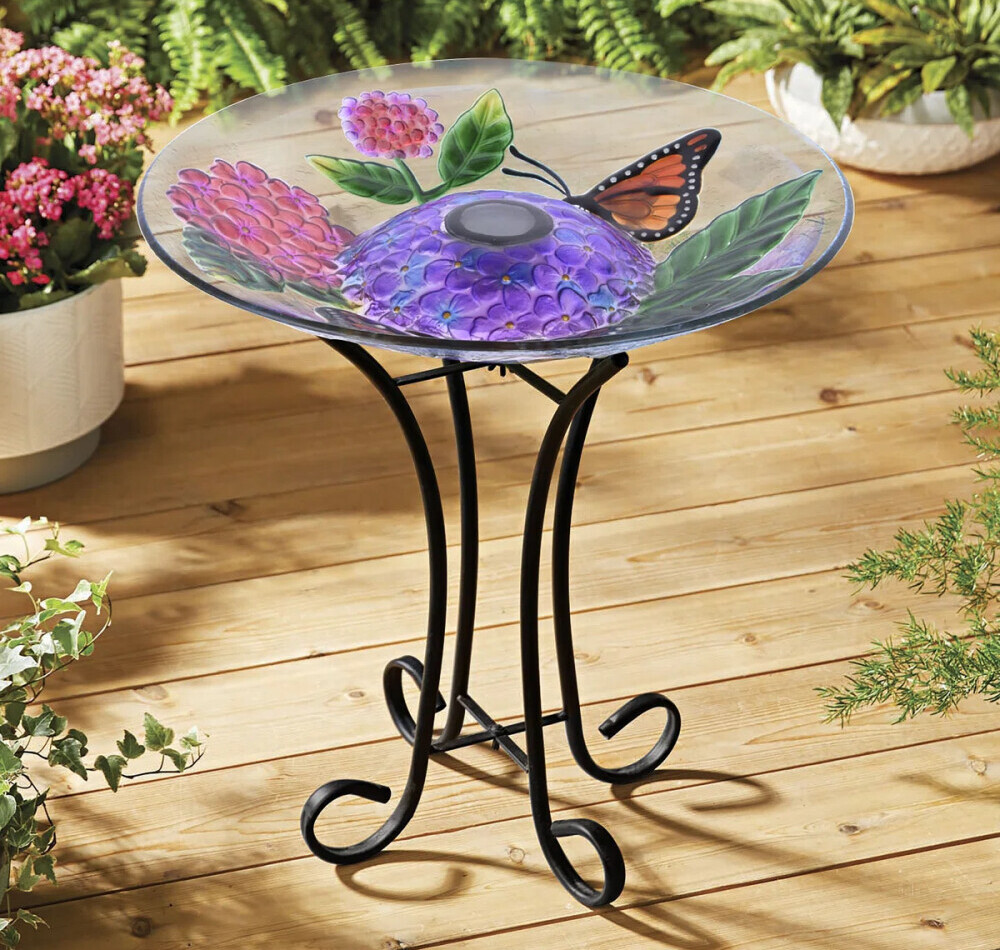 solar glass bird bath with stand