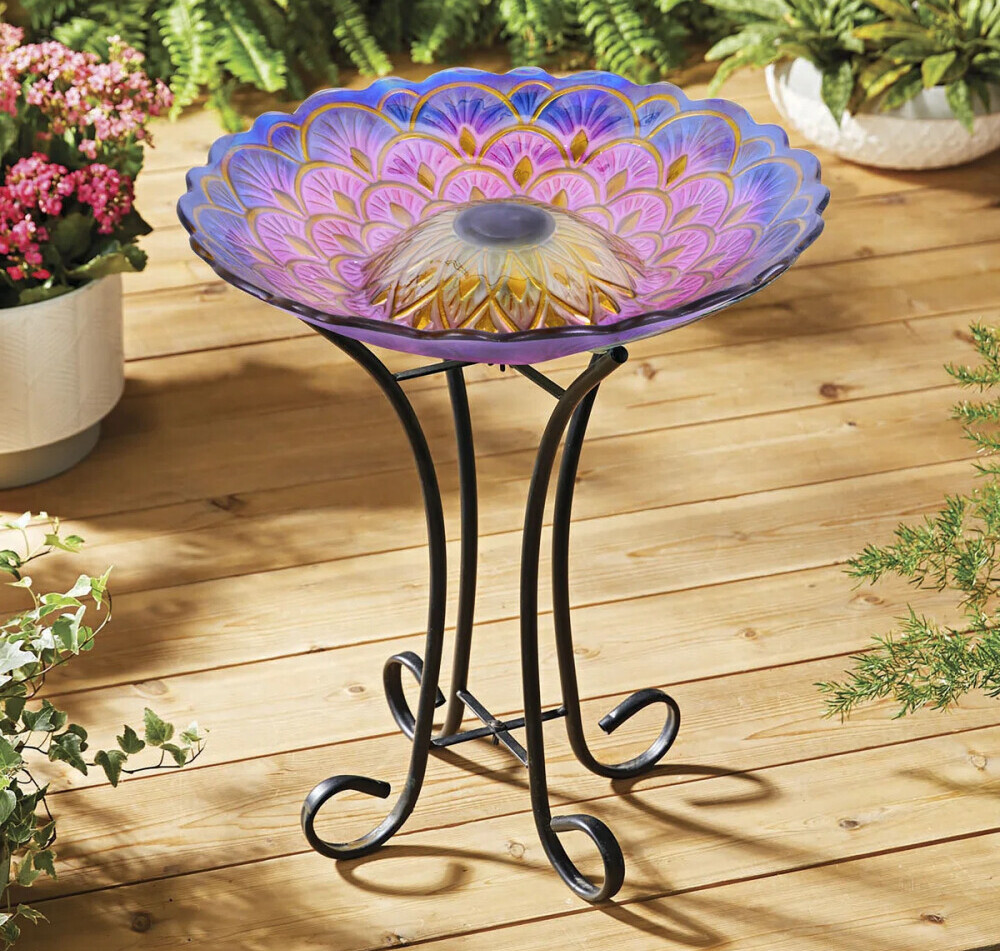 solar glass bird bath with stand