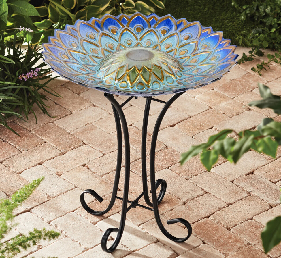 solar glass bird bath with stand