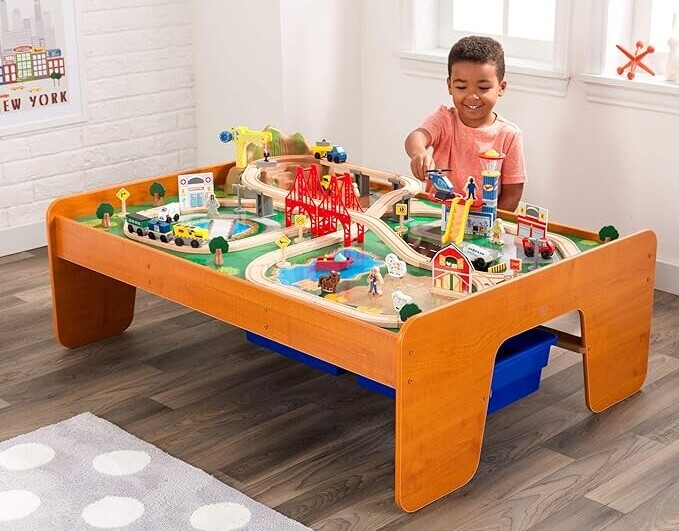 wooden train table set