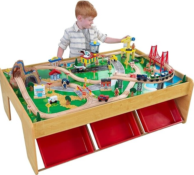 wooden train table set