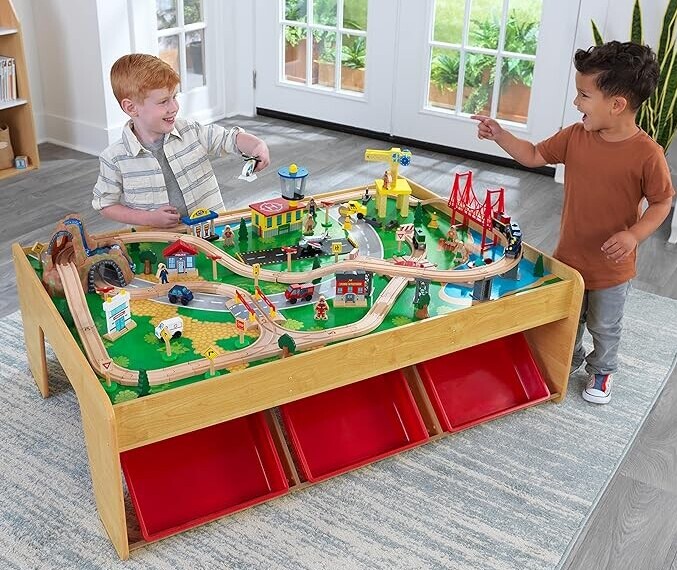 wooden train table set