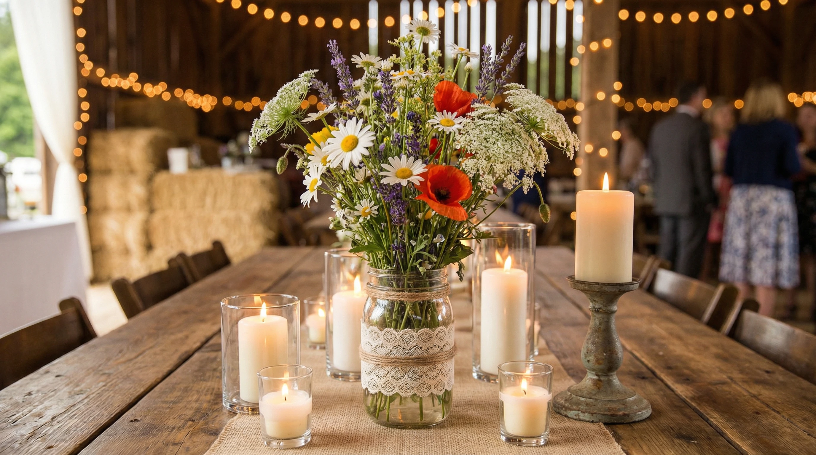 Rustic mason jar centerpiece on wooden table with floral accents and lace.