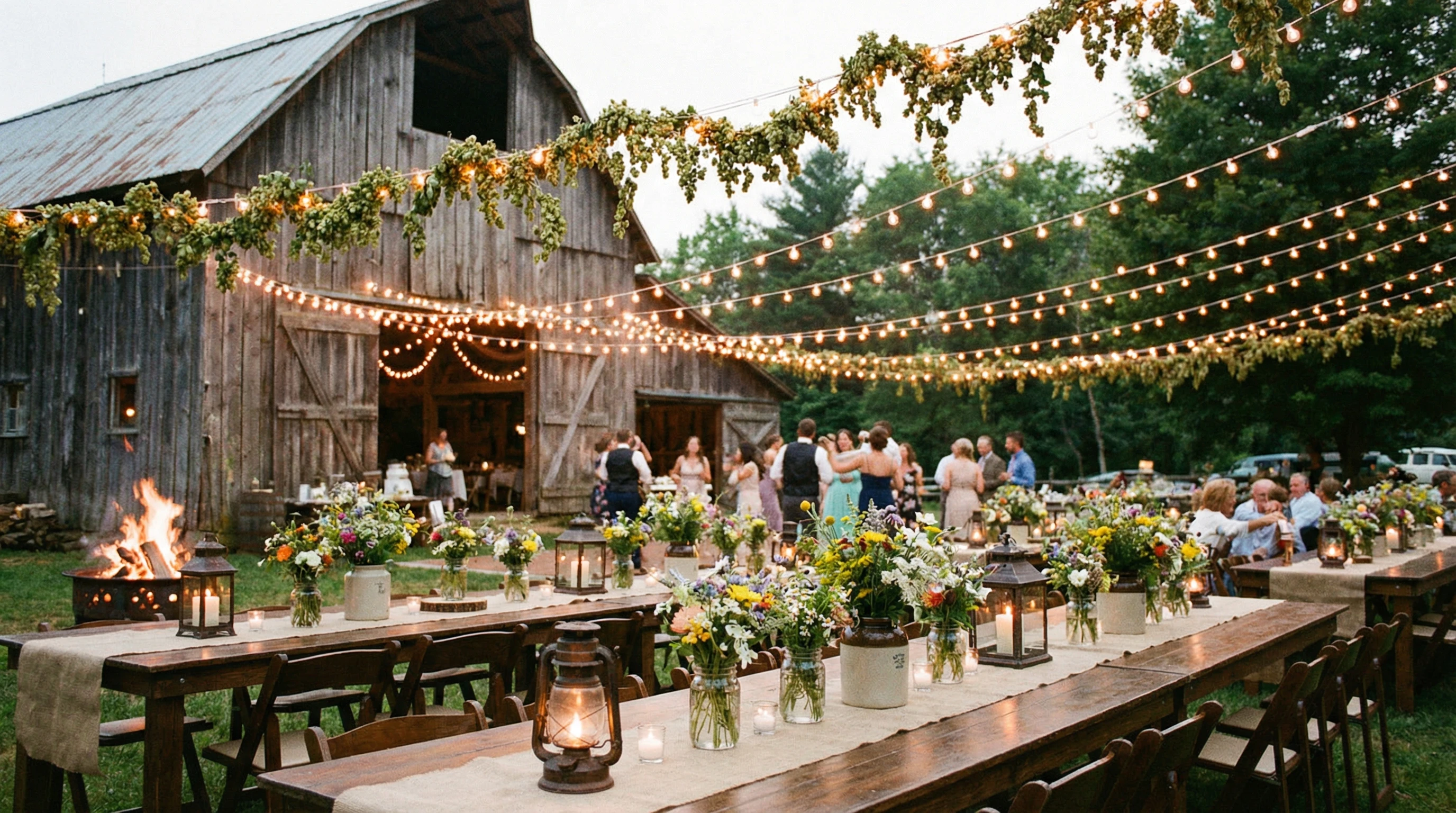 Rustic outdoor barn wedding reception setup with wood accents, wildflowers, and glowing string lights.