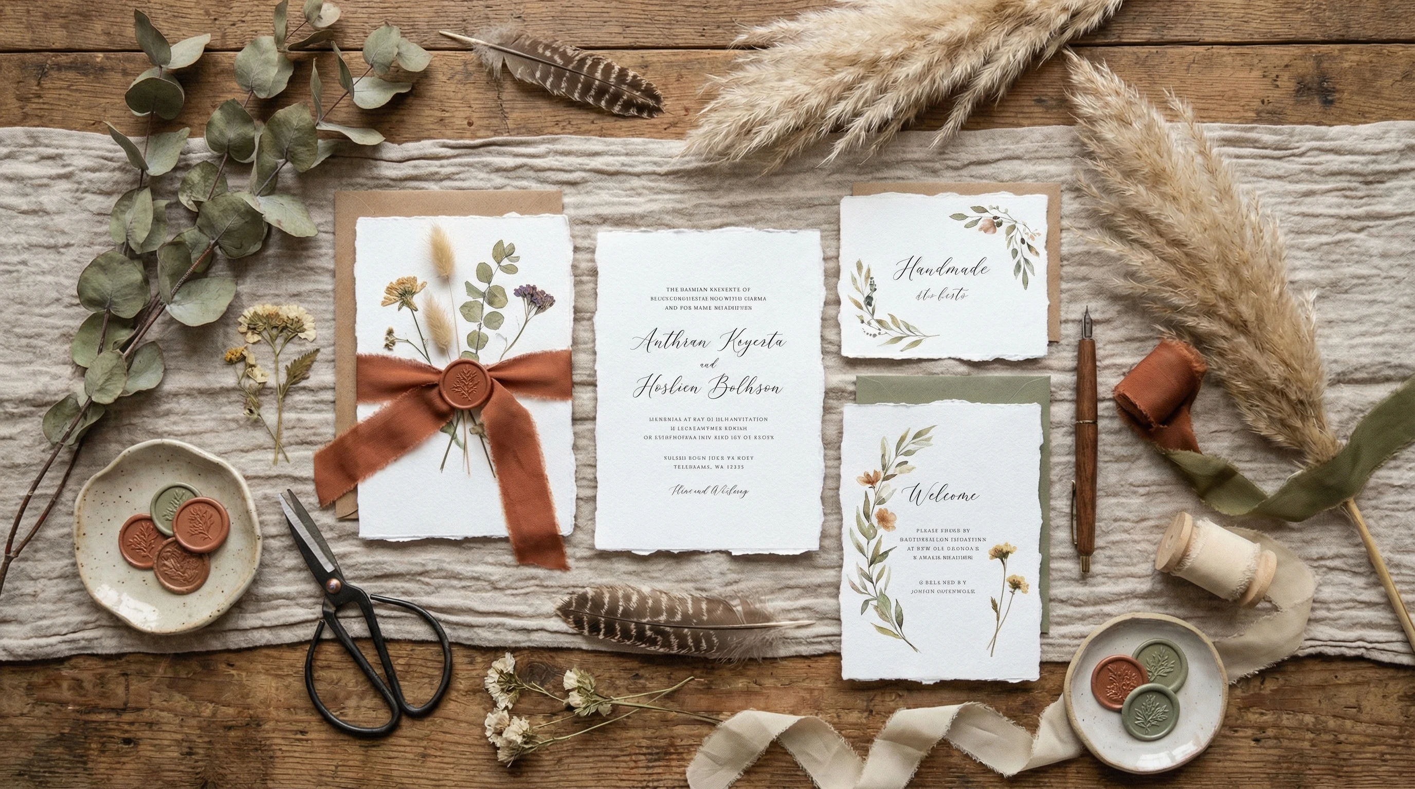boho wedding stationery flat lay with flowers, feathers, and rustic paper