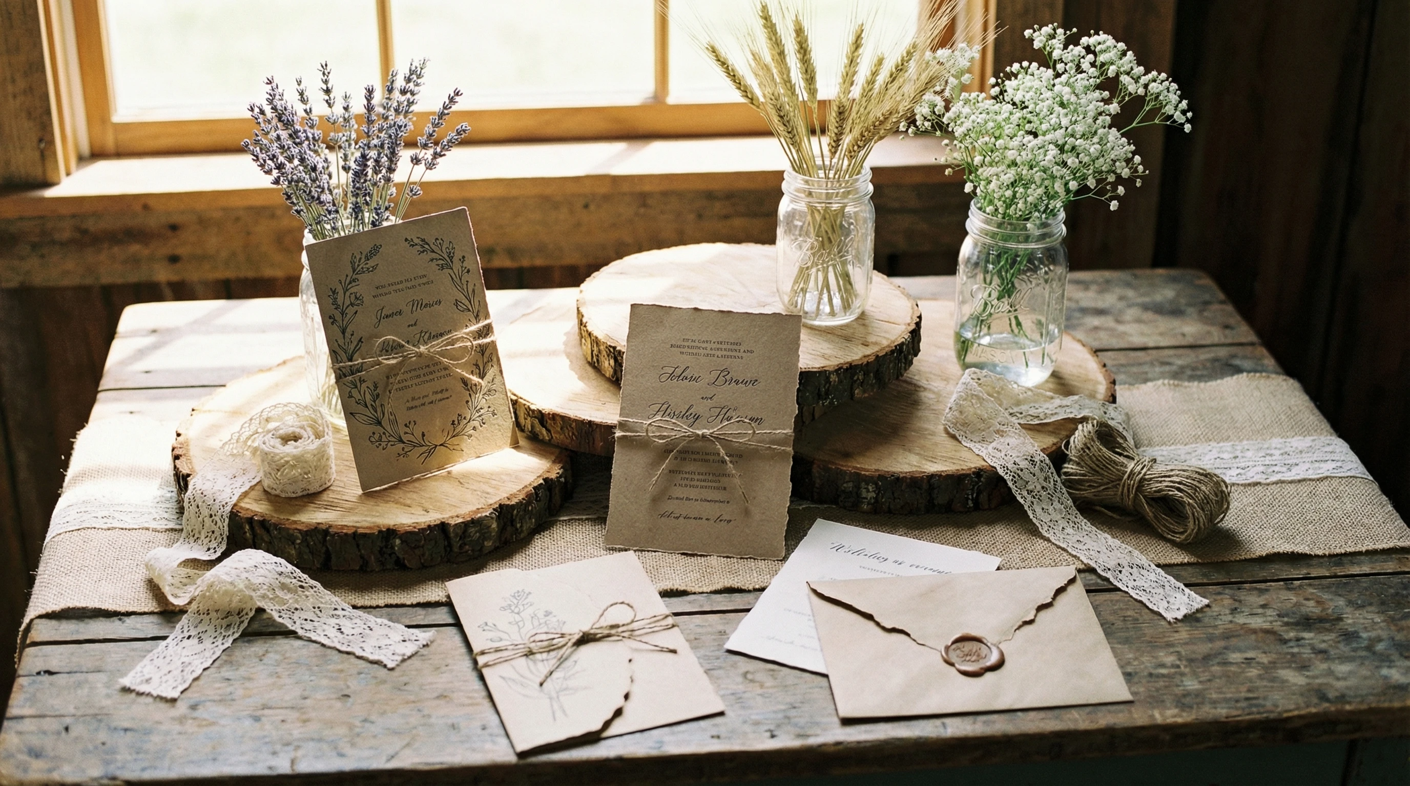 Rustic wedding invitations on burlap and wooden table with wildflowers and twine
