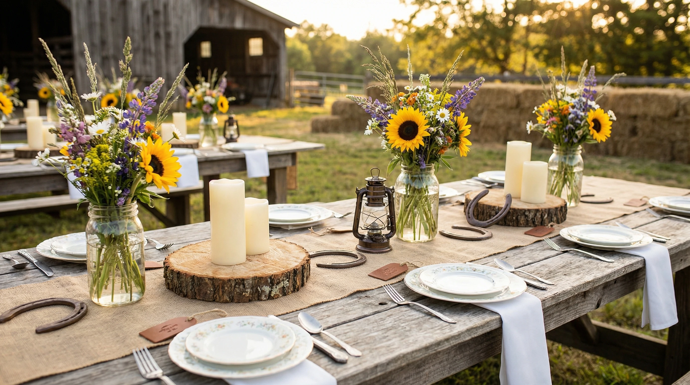Rustic western wedding table setting with vintage tableware, burlap runner, wildflowers, candles, and wooden accents on an outdoor farm table.