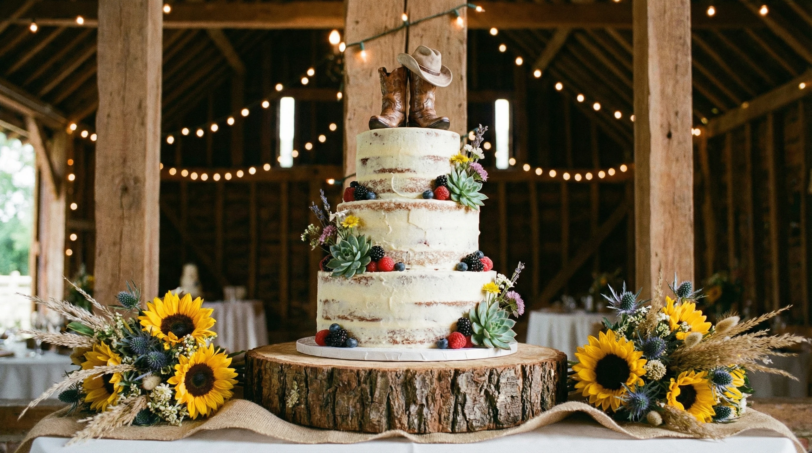 Western themed wedding cake topper with cowboy hat and boots on a rustic wooden cake stand.