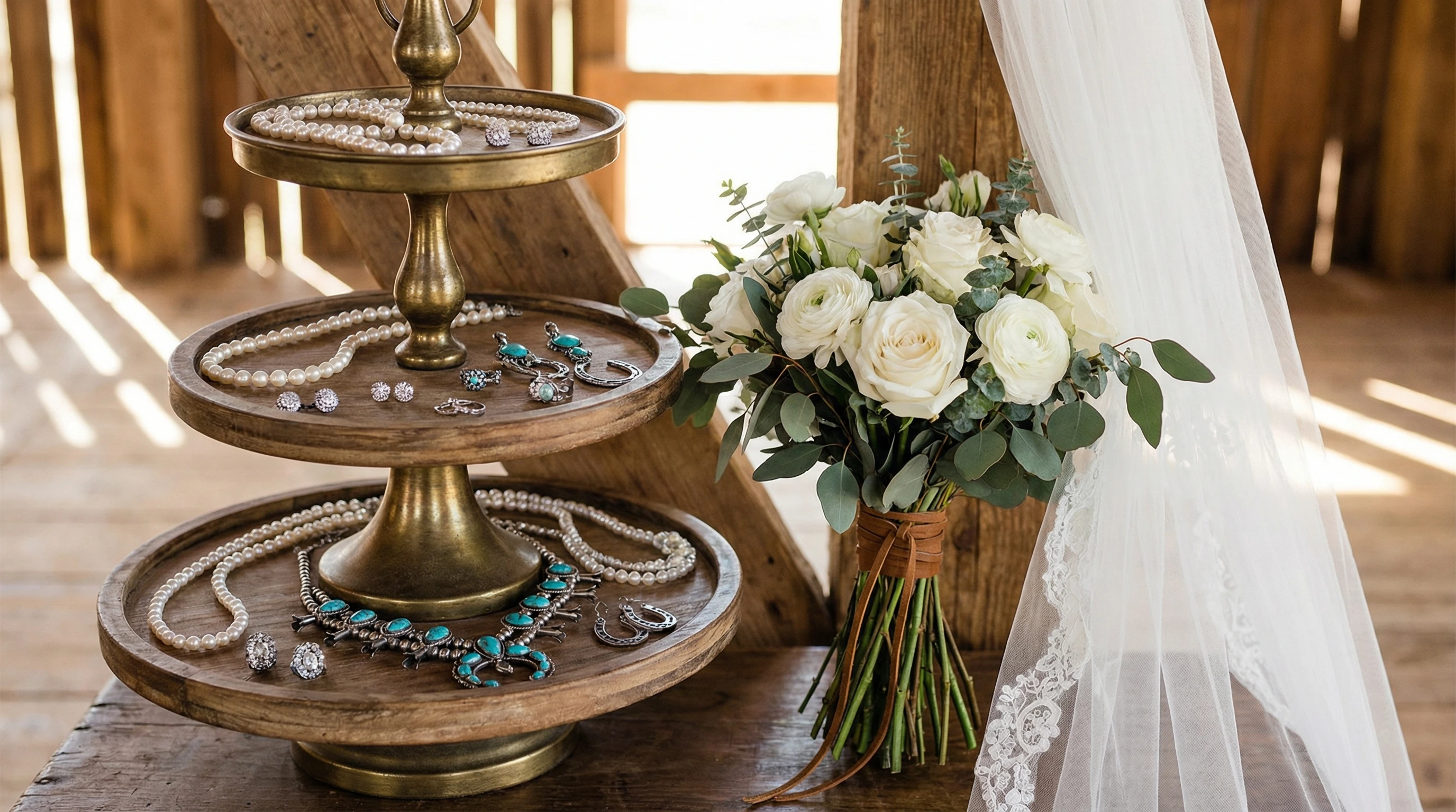 assorted western wedding jewelry on a display stand, including classic pearl and diamond pieces, set next to a bouquet and white veil