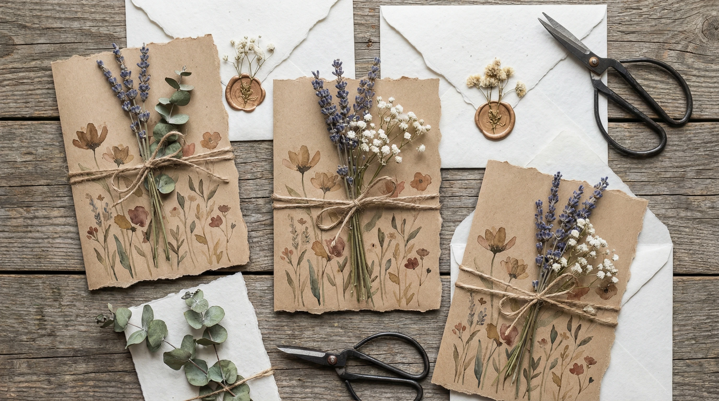 Flat lay of rustic and boho wedding invitations featuring kraft paper, dried flowers, and twine on a wooden background.