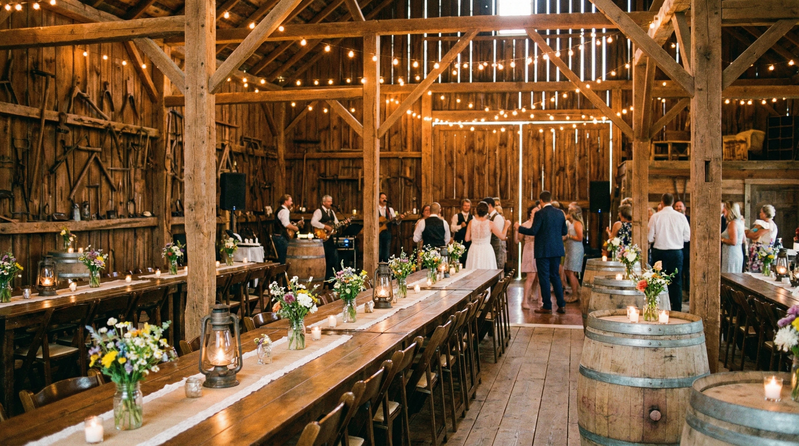 Beautiful rustic barn wedding reception with twinkle lights, wooden tables, floral arrangements, and vintage decor