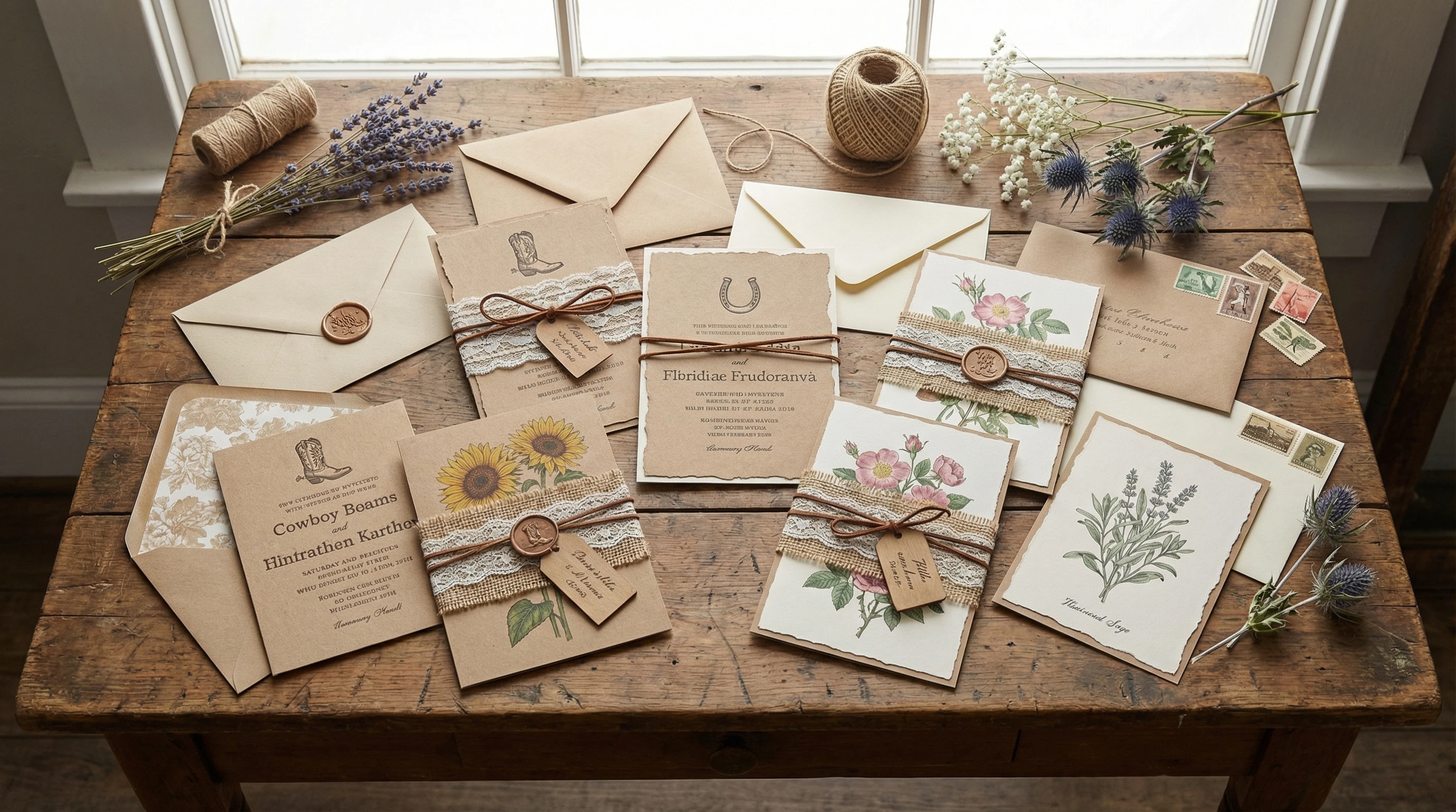 Assorted Western-style wedding invitation cards, featuring rustic floral patterns and elegant lettering, arranged on a wooden table with twine, envelopes, and soft lighting.
