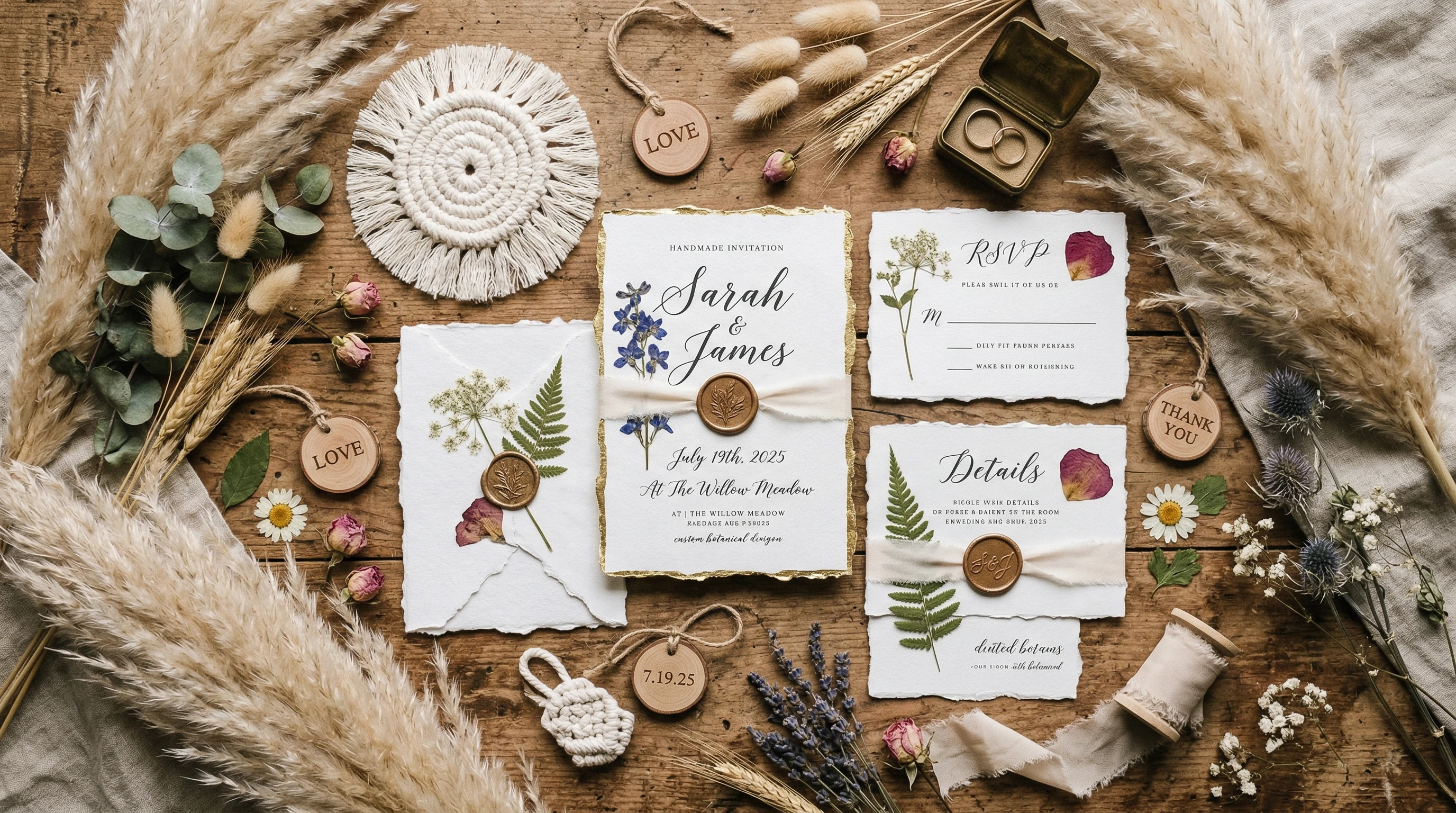 Boho Wedding Save The Date flatlay with pampas grass, handmade paper, and dried florals