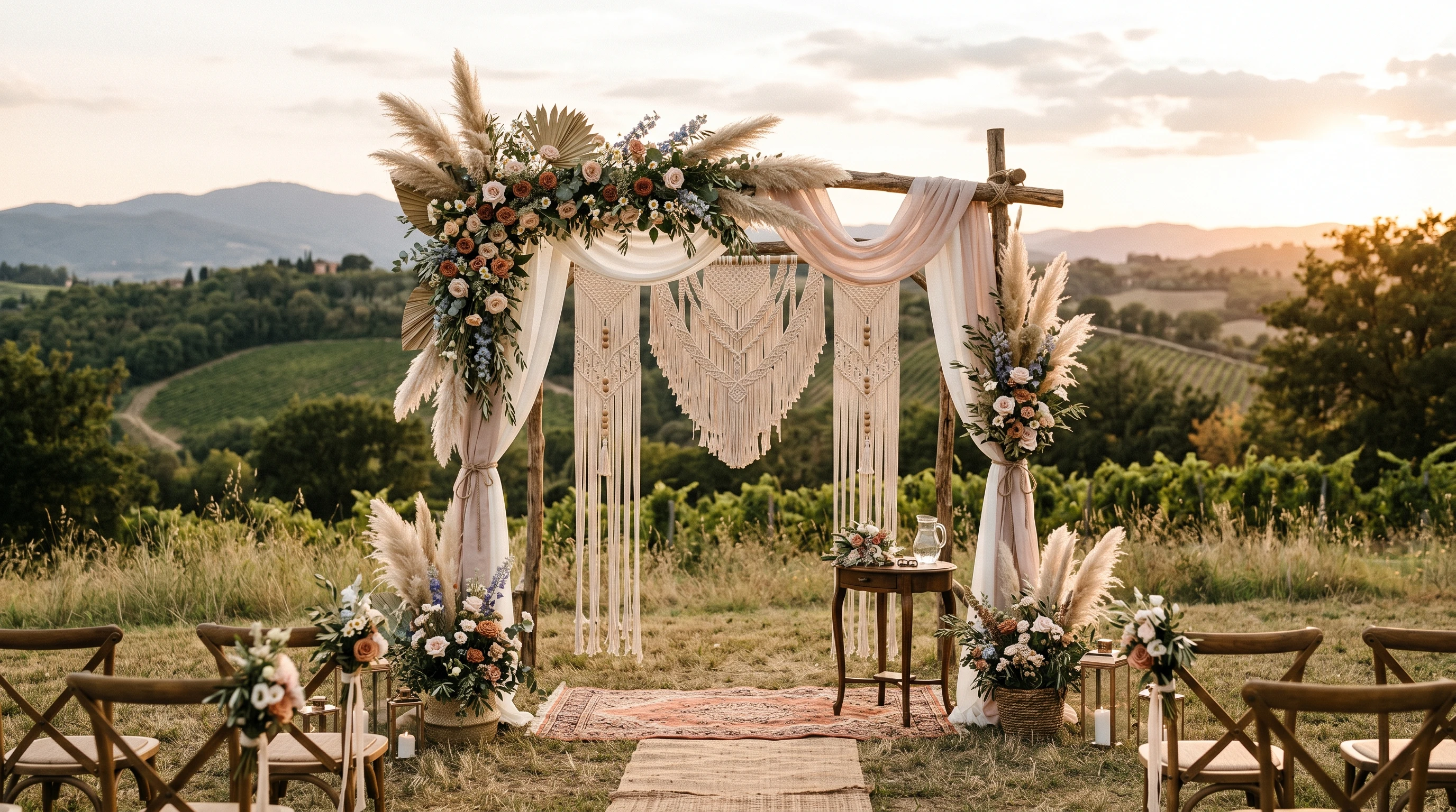 Boho wedding arch with pampas grass, macrame, and flowers on a rustic outdoor setting