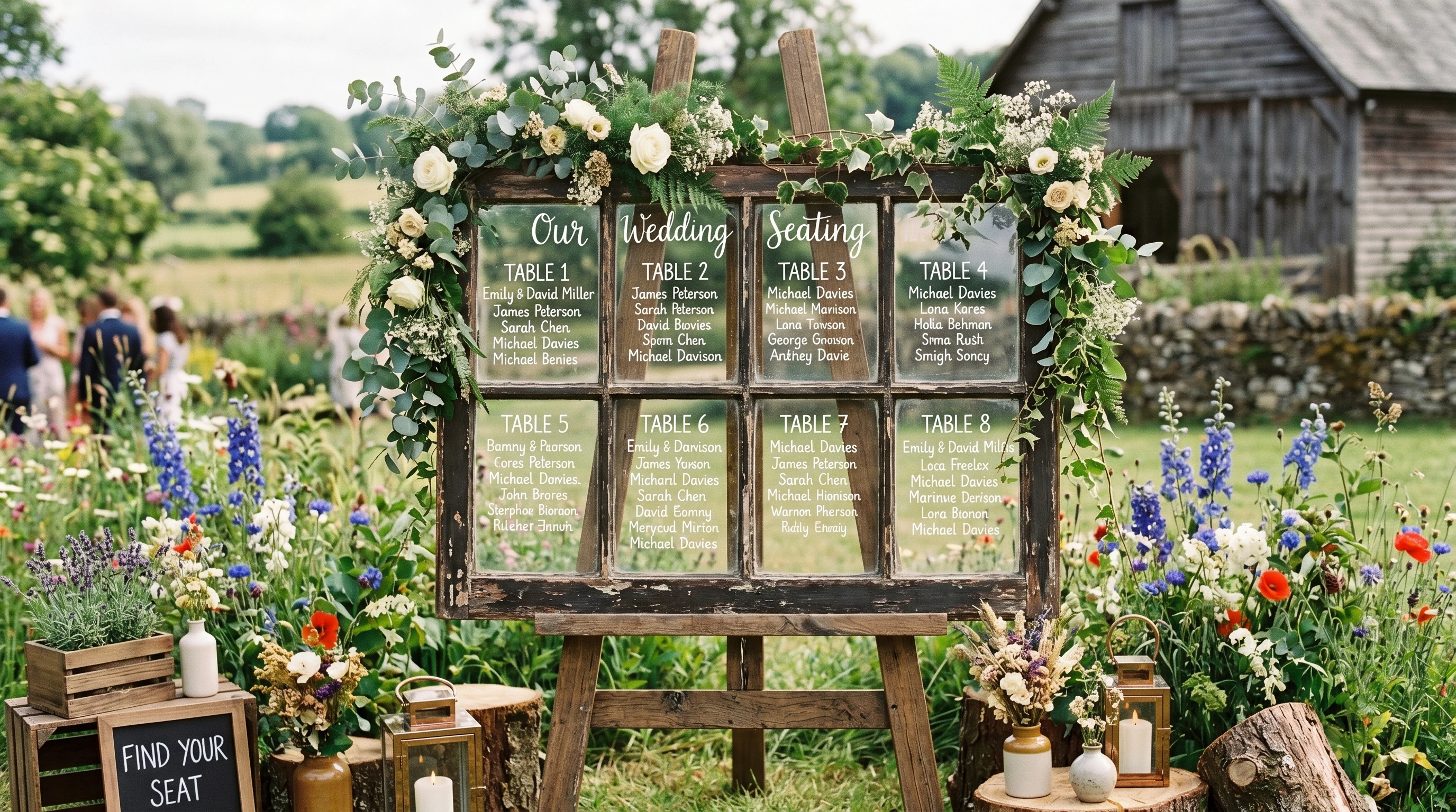 Rustic wedding seating chart on vintage wood with calligraphy and florals