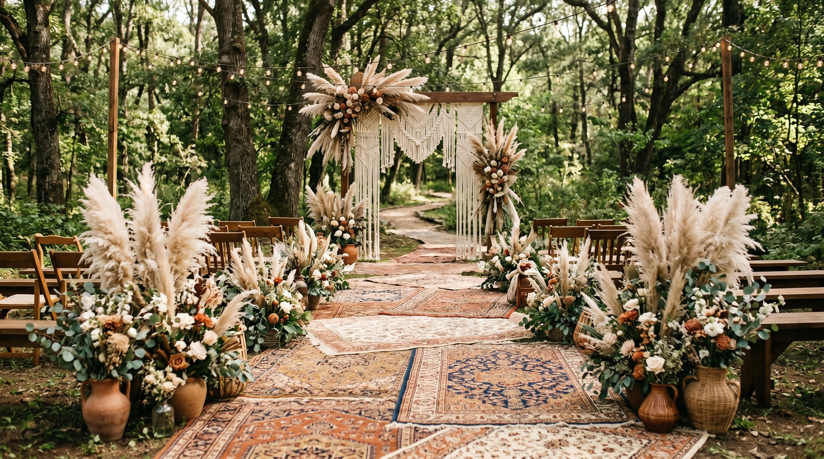 Boho wedding table with greenery, candles, and vintage tableware