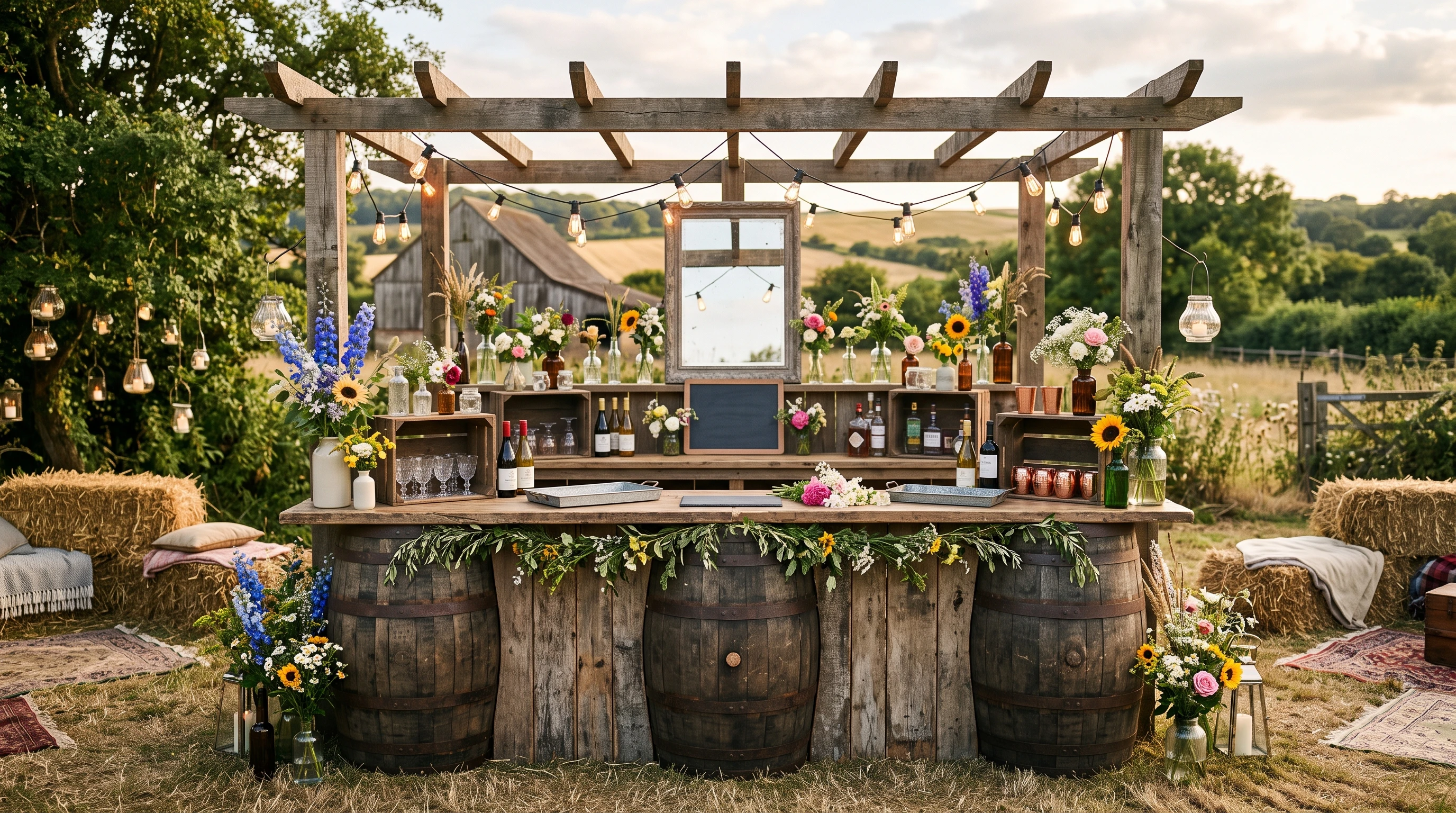 Rustic wedding bar ideas - aged wooden barrels and wildflower centerpieces