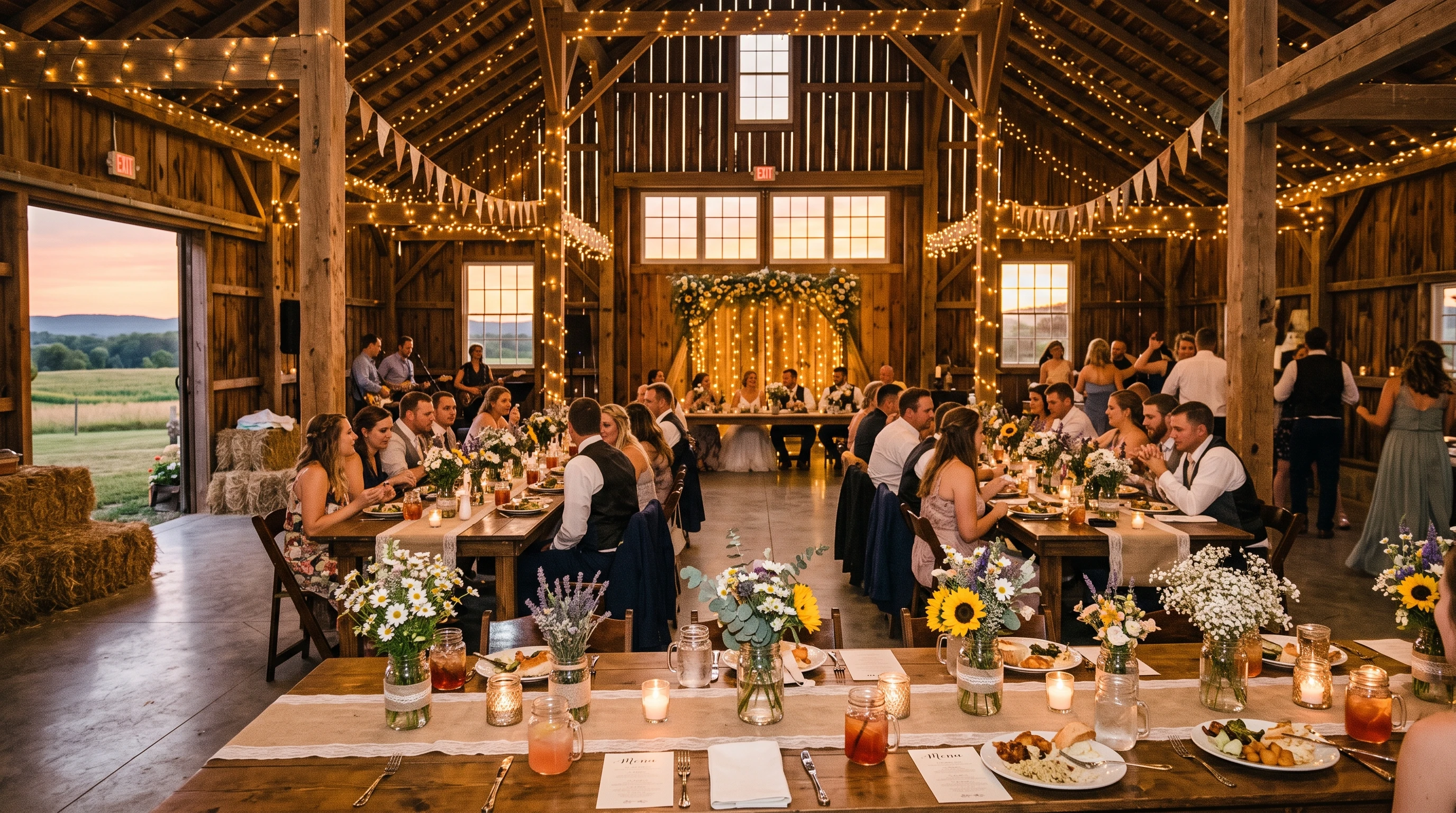 Rustic barn decorated for a beautiful country wedding with string lights, mason jars, and wildflowers