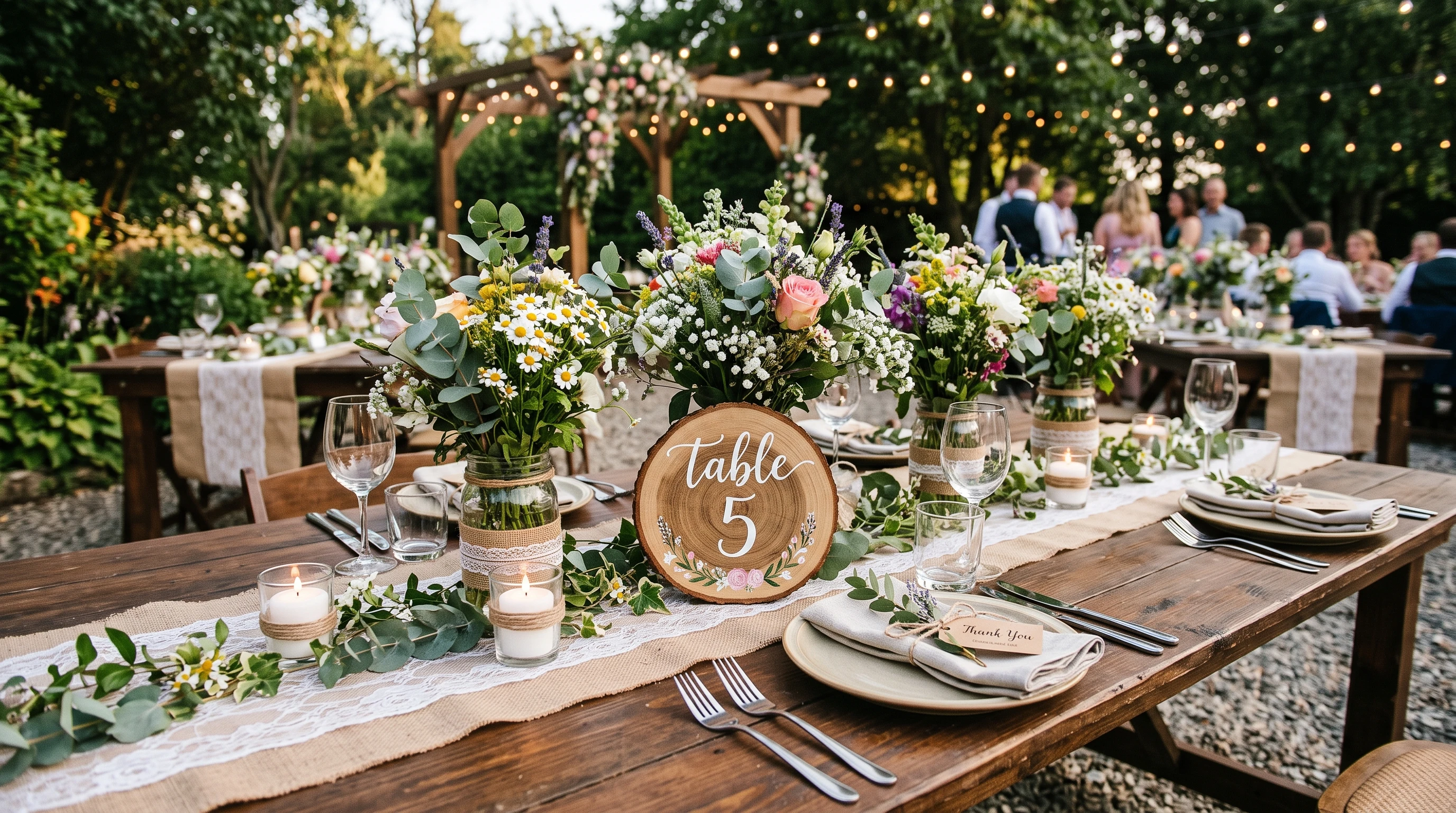 A rustic wedding table number display with wood, greenery, and candles