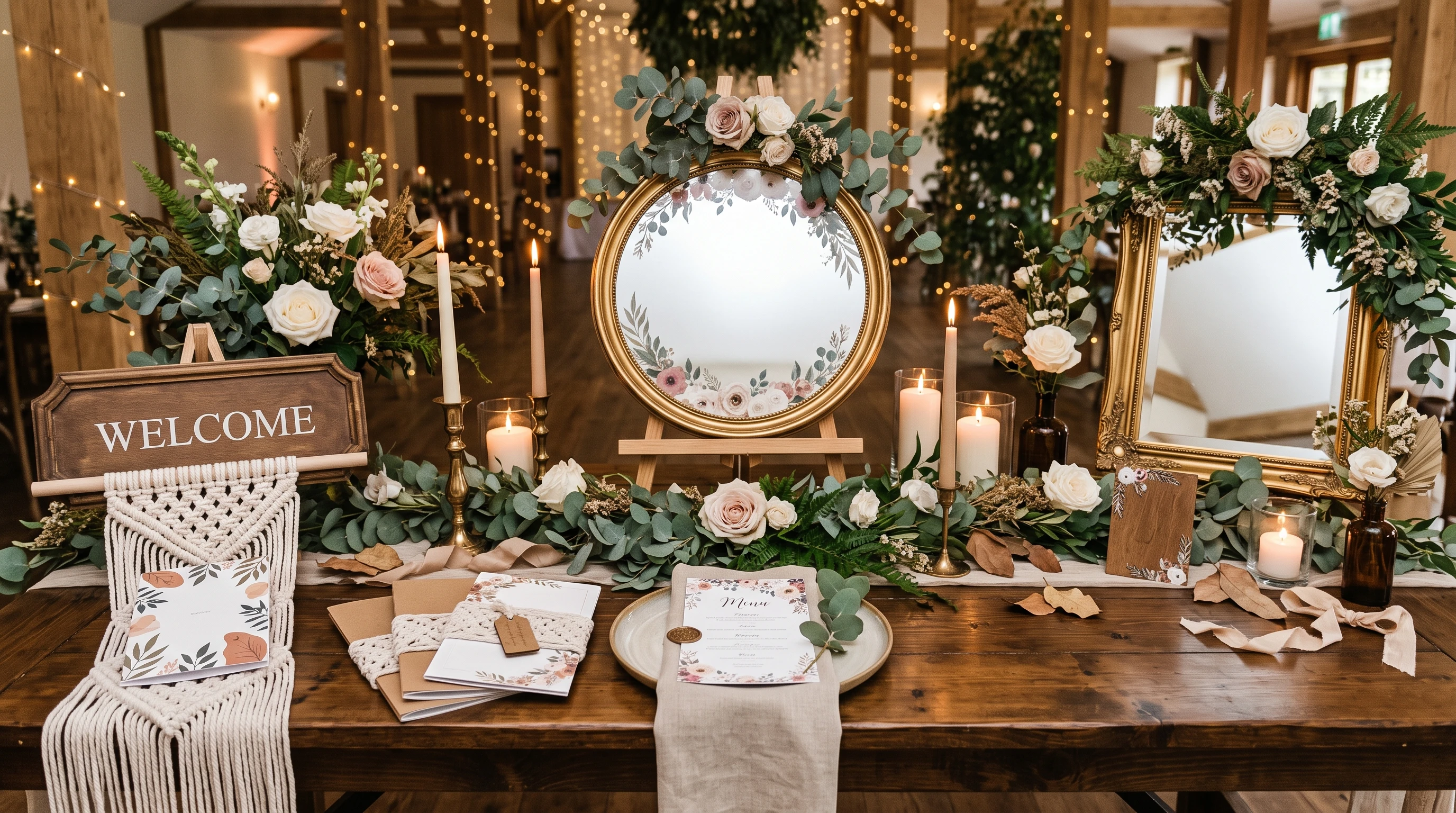 assorted wedding stationery setup on reception table, including rustic wooden signs, floral menus, and boho welcome boards
