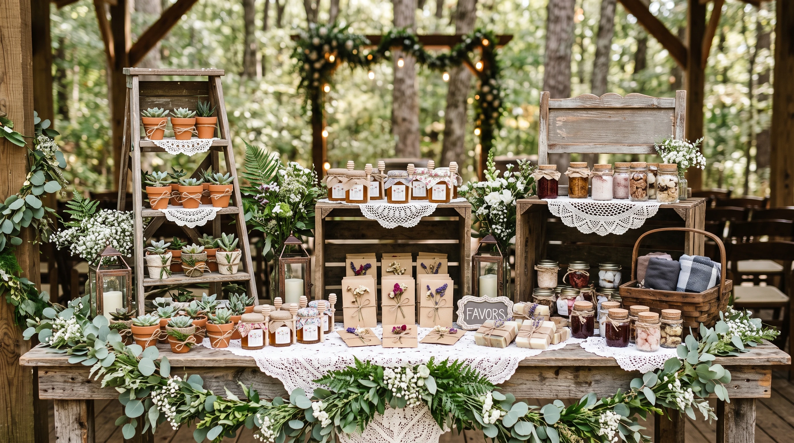 Creative display of rustic, boho, and country wedding favors arranged on a wooden table with vintage details and greenery