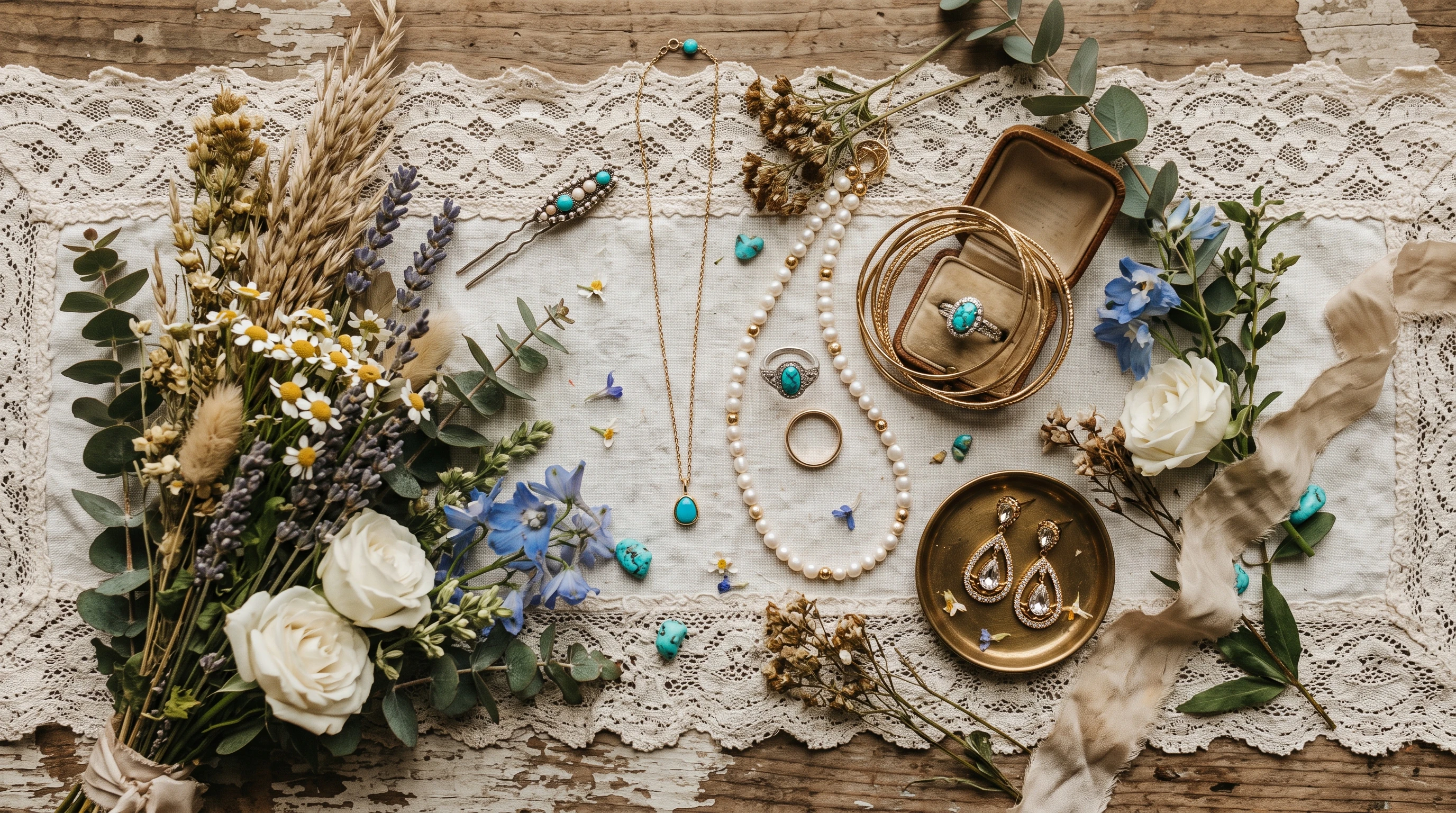 Bridal jewelry laid out on lace fabric with pearls, gold, turquoise, and crystals arranged beside wildflowers.