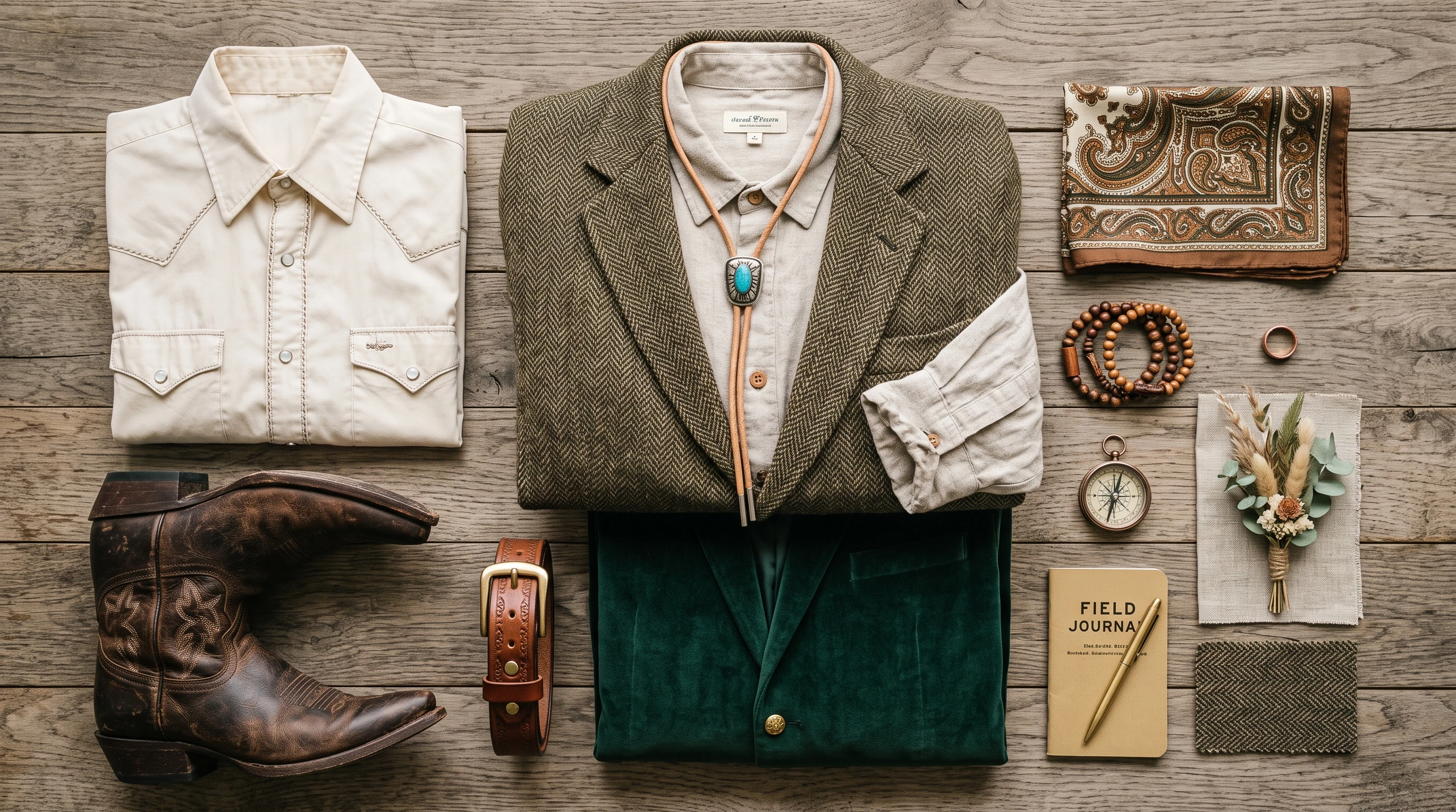 A curated flatlay of creative groom attire pieces: tweed jacket with bolo tie, cowboy boots, linen shirt, pearl snap shirt, velvet blazer, and earthy-colored accessories