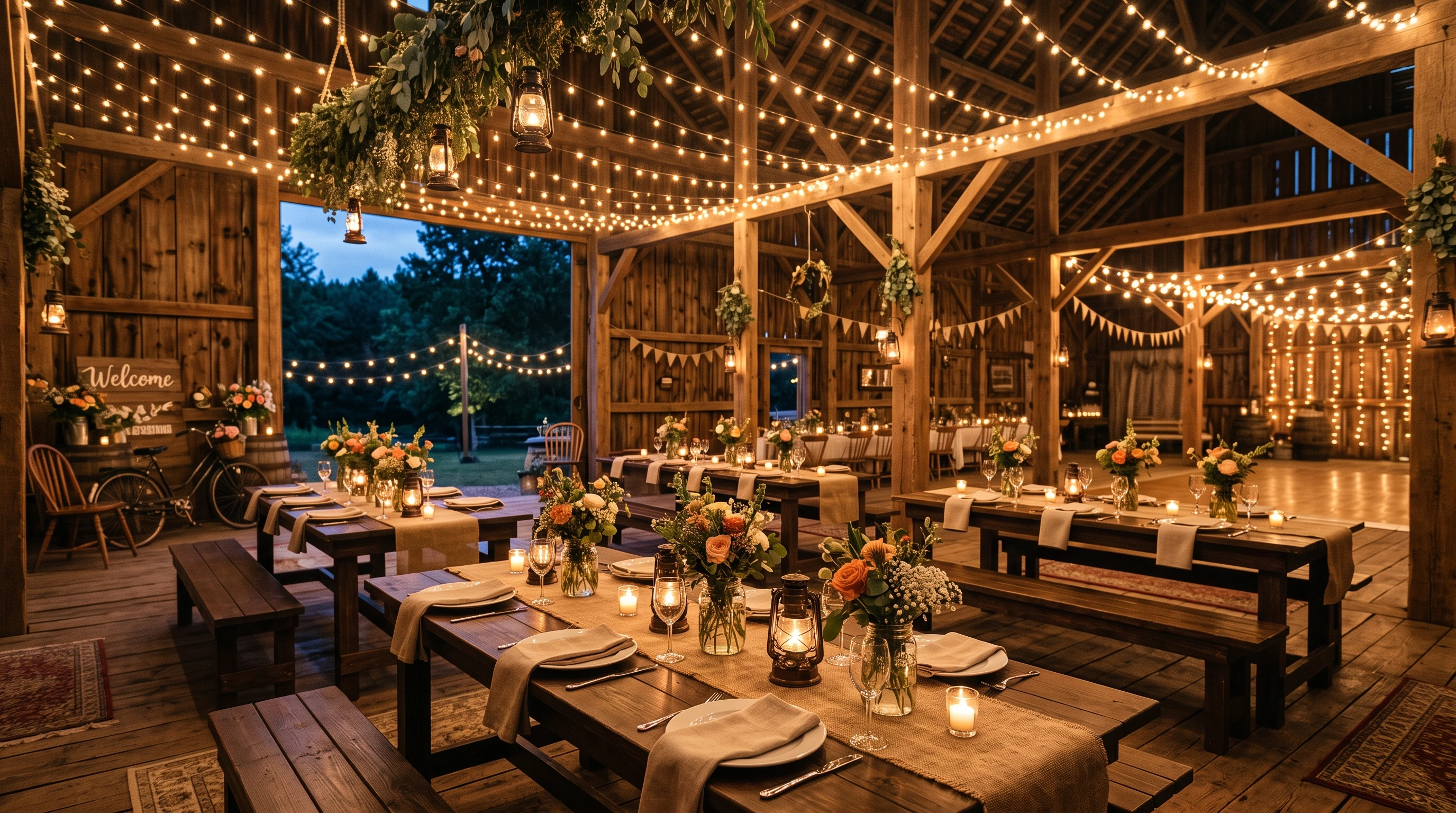Rustic wedding decor - wooden tables, burlap runners, wildflowers, mason jar centerpieces