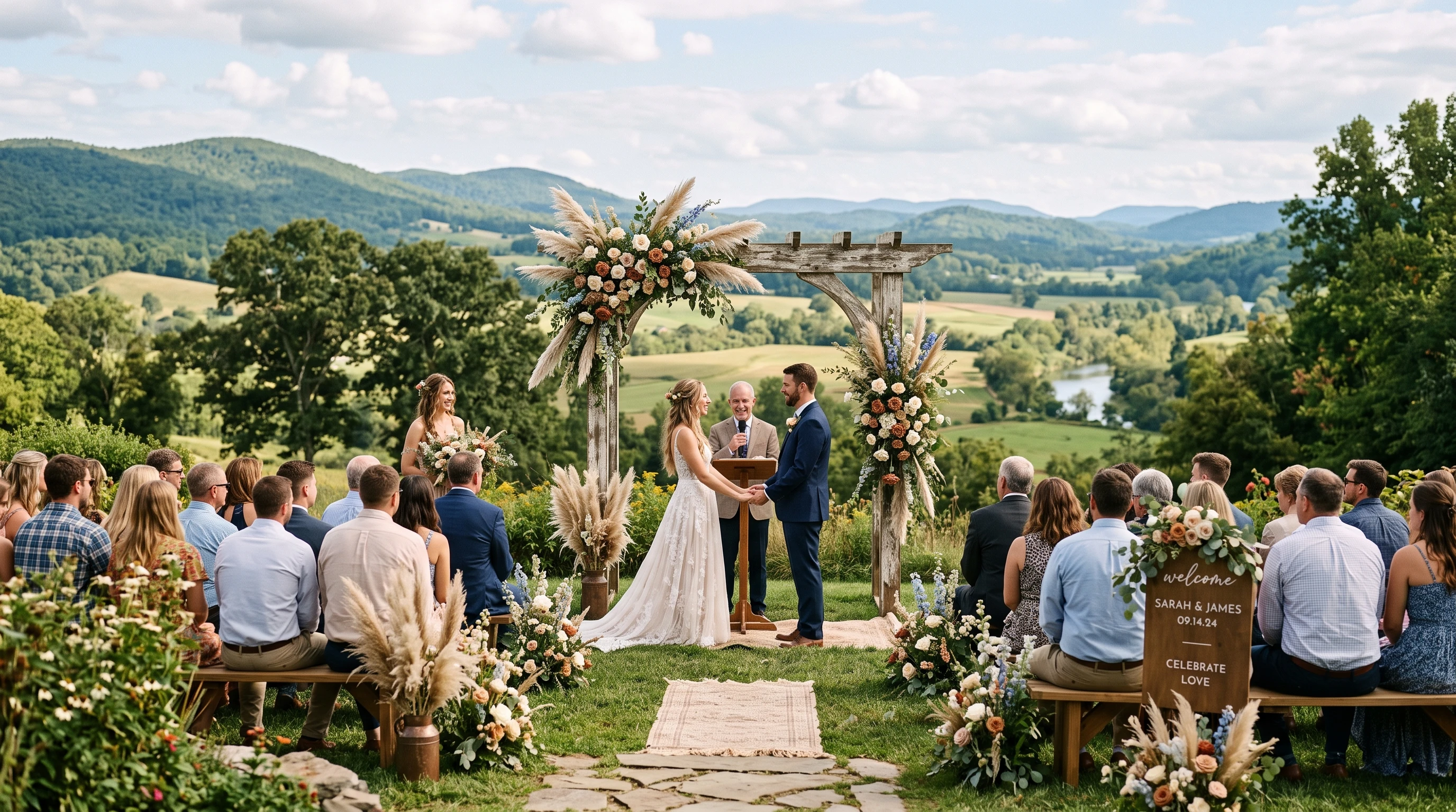 Rustic outdoor wedding ceremony backdrop with wooden arch, pampas grass, and florals
