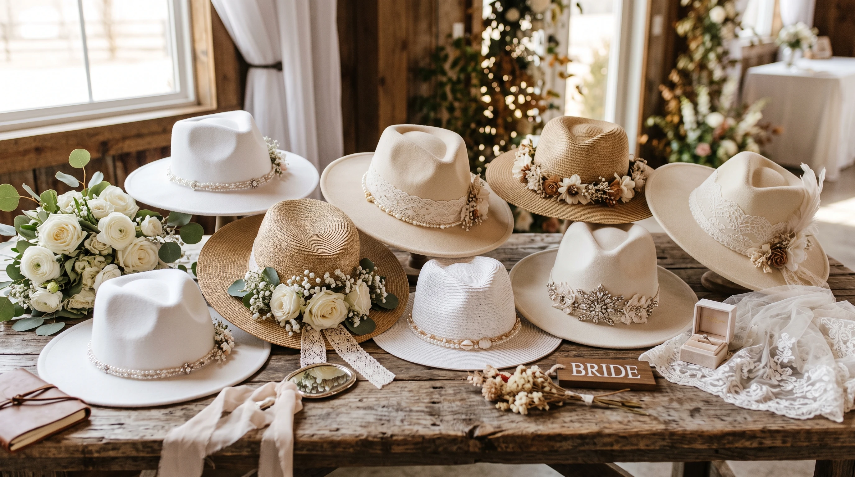 Assorted bridal cowgirl hats for a Western wedding