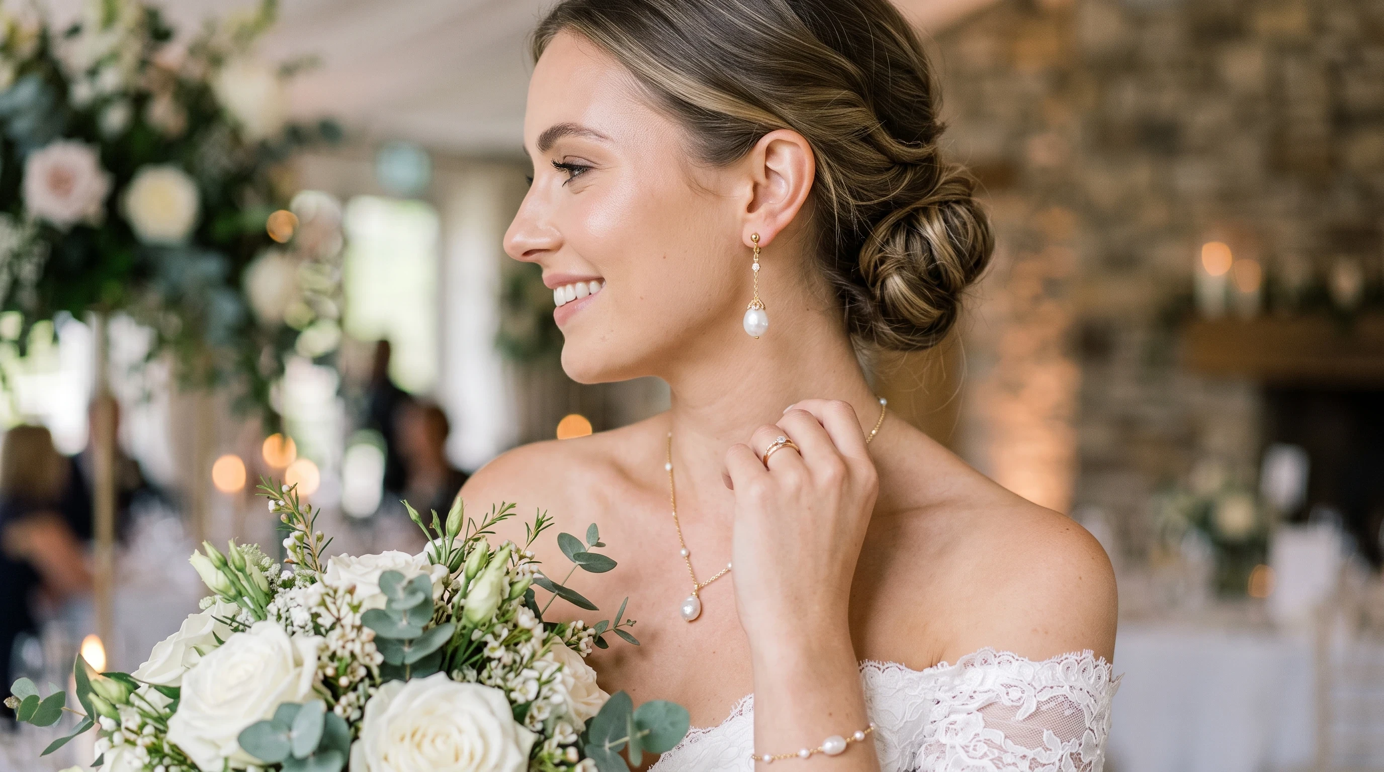 Bridal jewelry Pearl Drop Earrings With Gold Accents