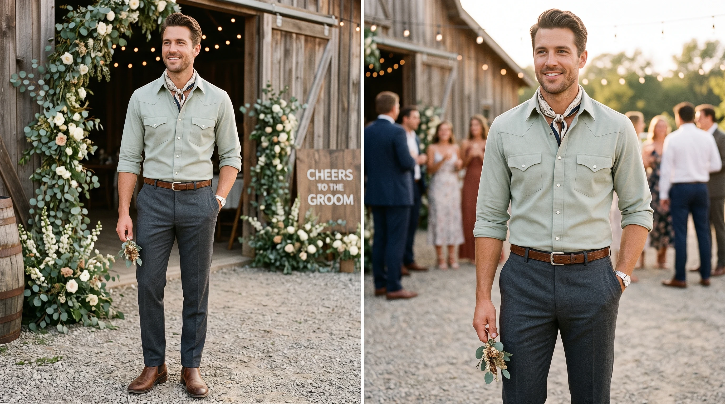 Groom attire Pearl-Snap Western Shirt with Tailored Trousers