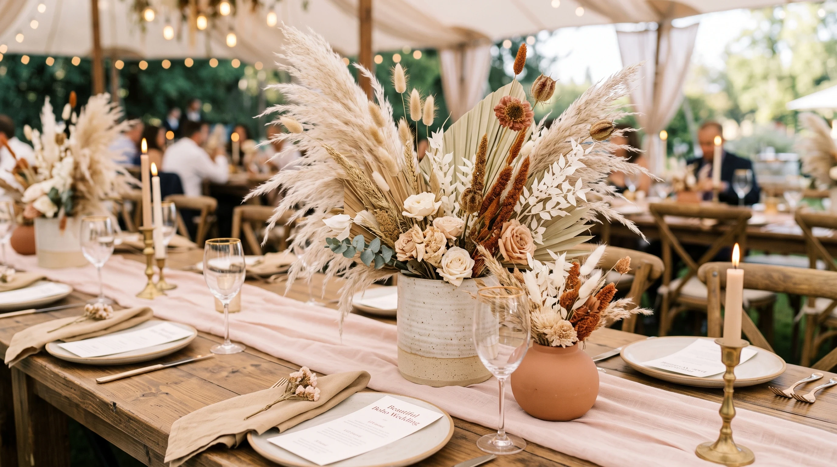 Body wedding centerpiece Pampas Grass and Dried Blooms in Ceramic Vessels