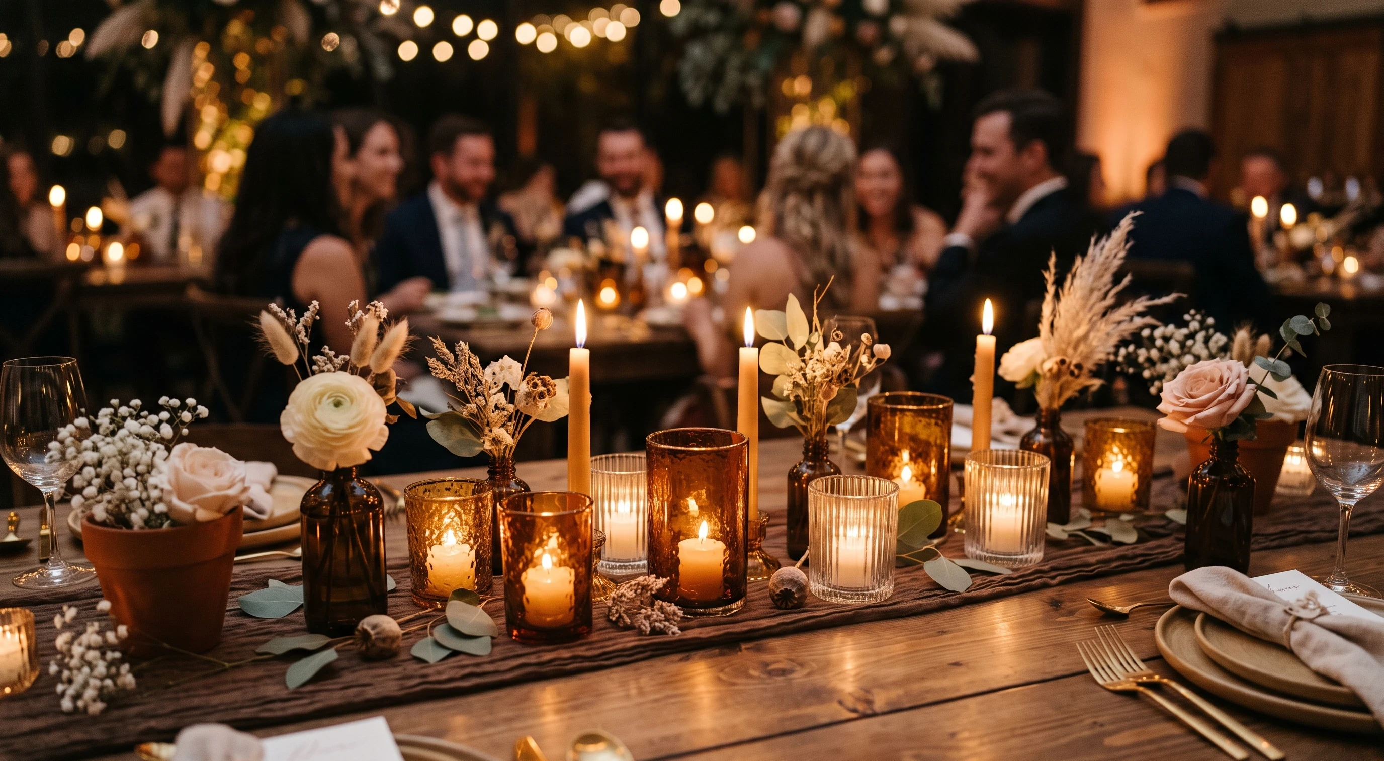 Body wedding centerpiece ideas Low Candle Arrangements with Amber Glass