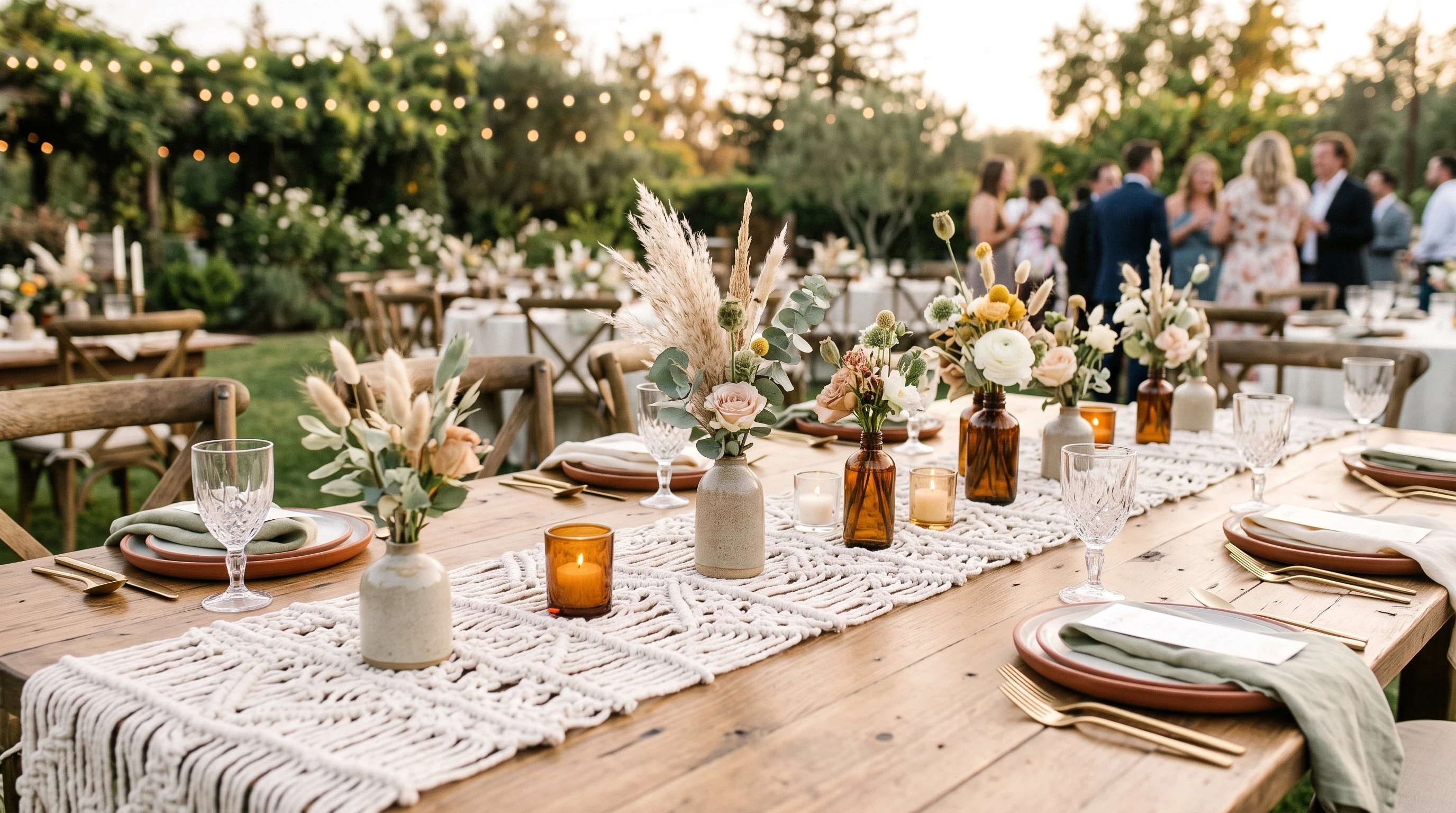 Boho wedding centerpiece ideas Macramé Table Runners with Mini Arrangements