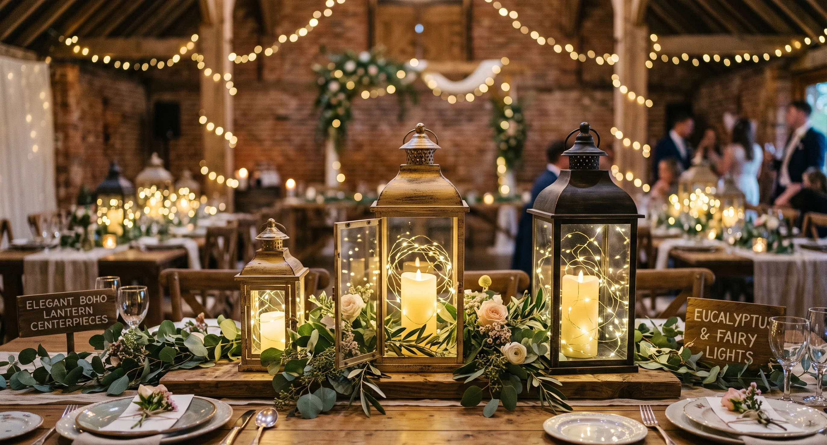 Boho wedding centerpiece Lanterns with Eucalyptus and Fairy Lights
