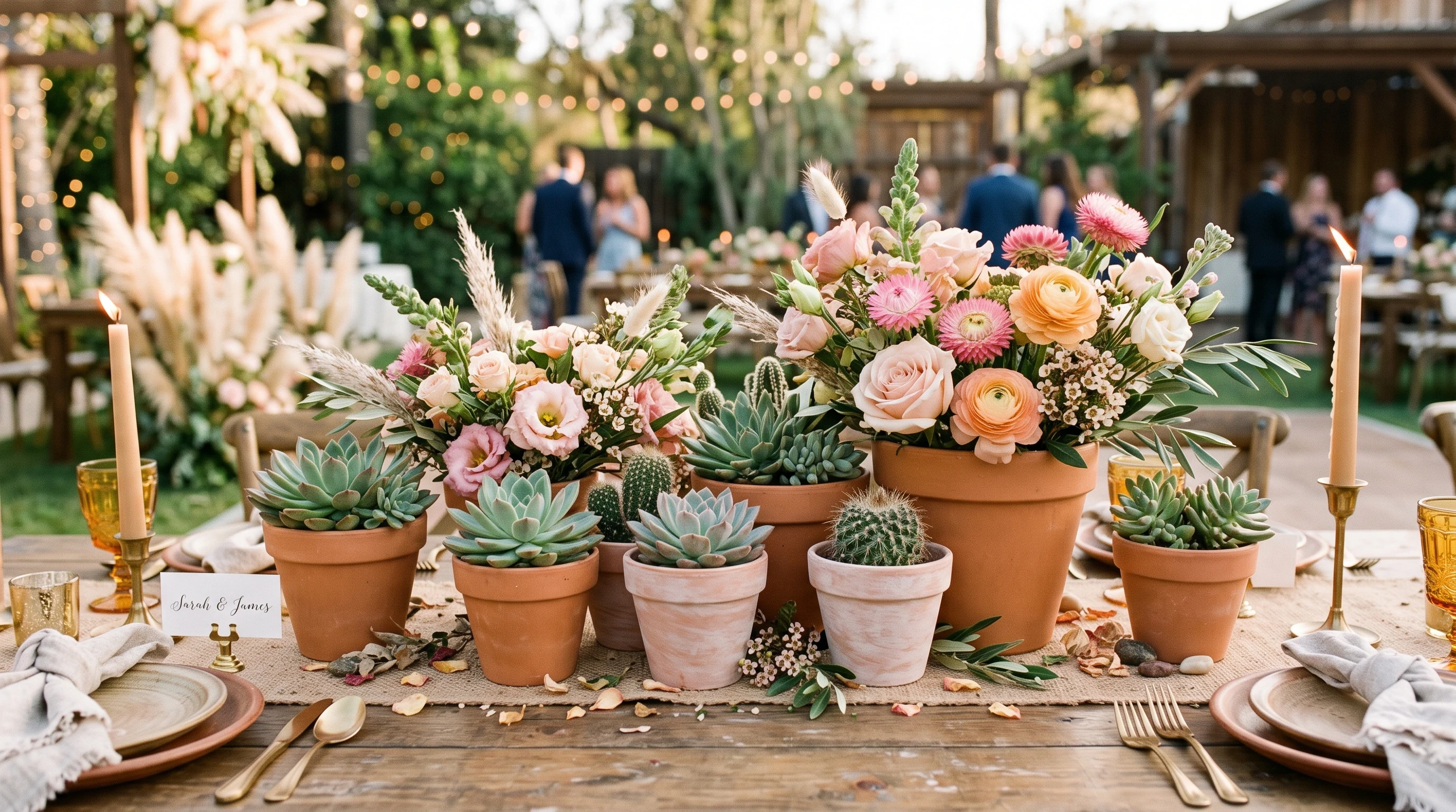 Boho wedding centerpiece Terracotta Pot Clusters with Succulents and Blooms