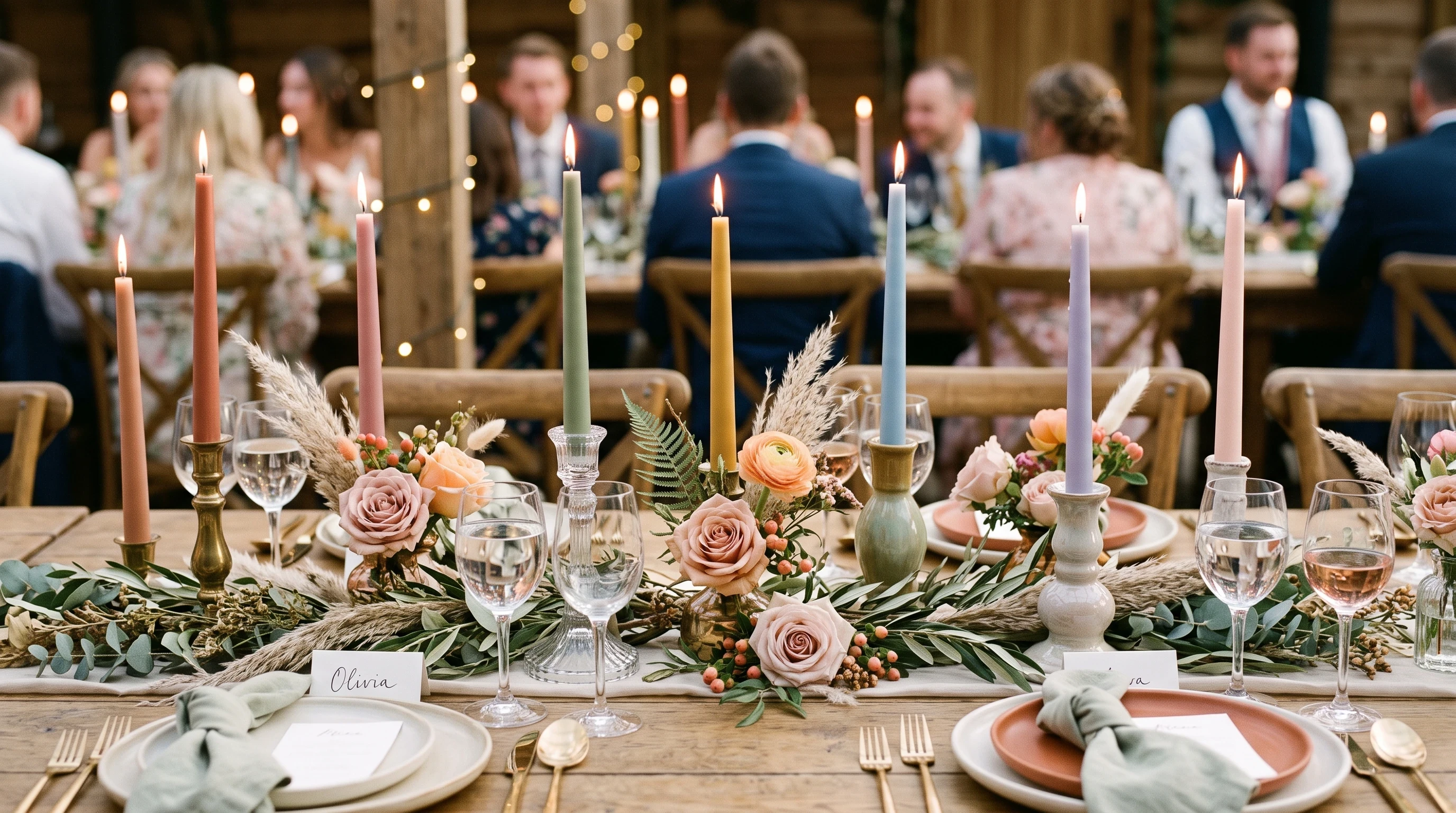 Boho wedding centerpiece Colorful Taper Candles in Vintage Holders