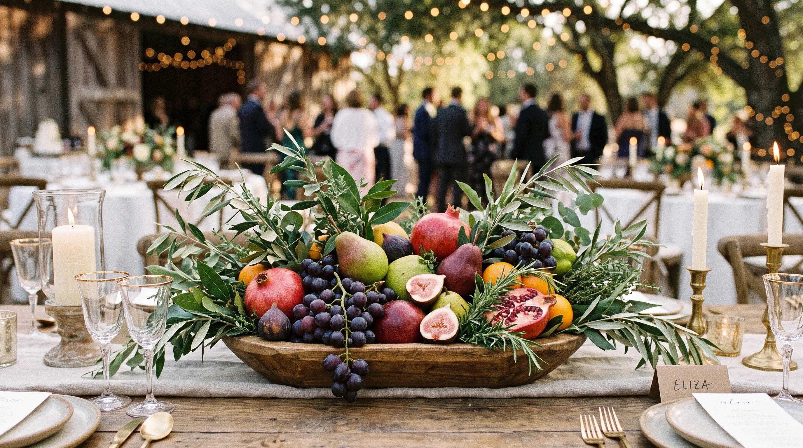 Boho wedding centerpiece Wooden Bowls with Fruit, Greenery, and Herbs
