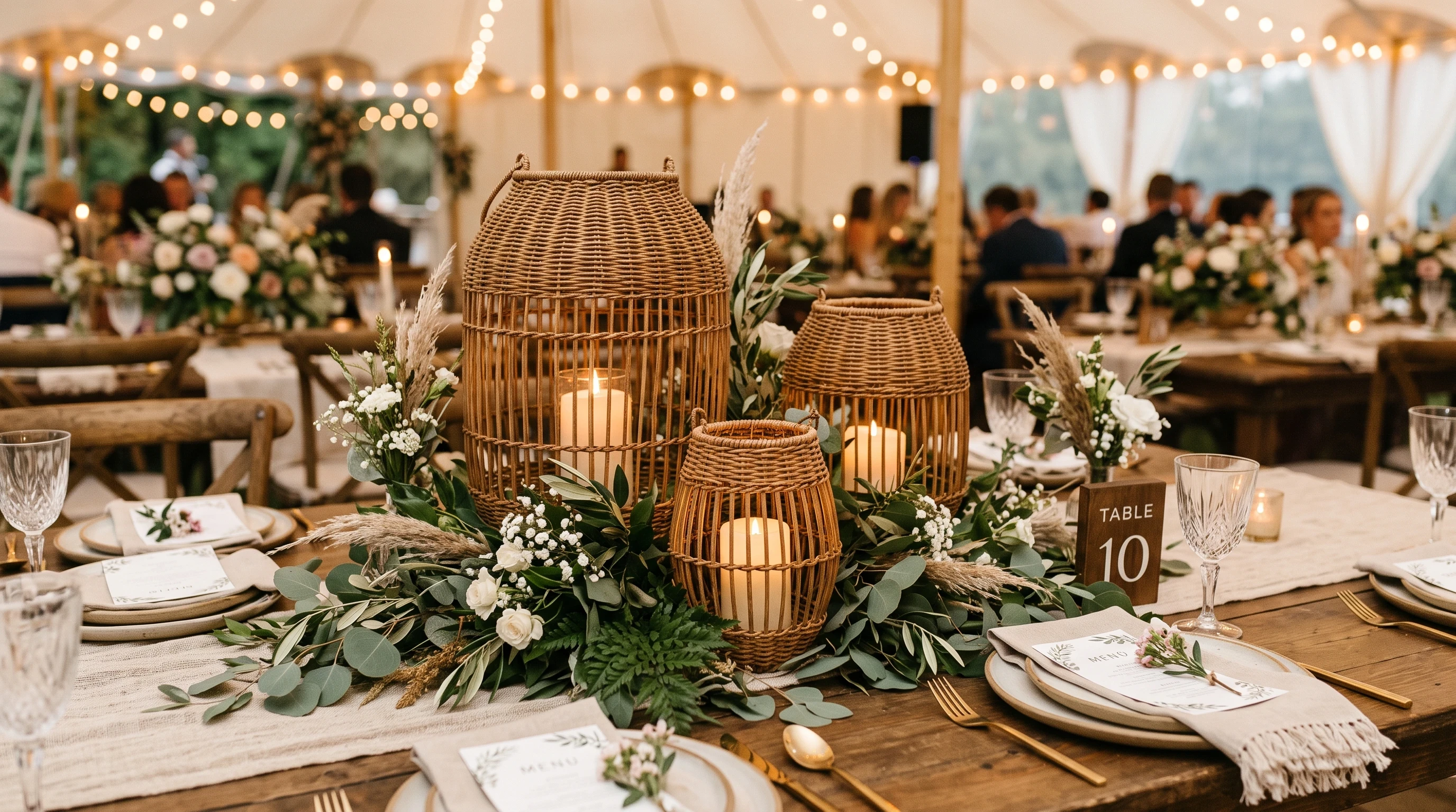 Boho wedding centerpiece Rattan Lantern Centerpieces With Greenery