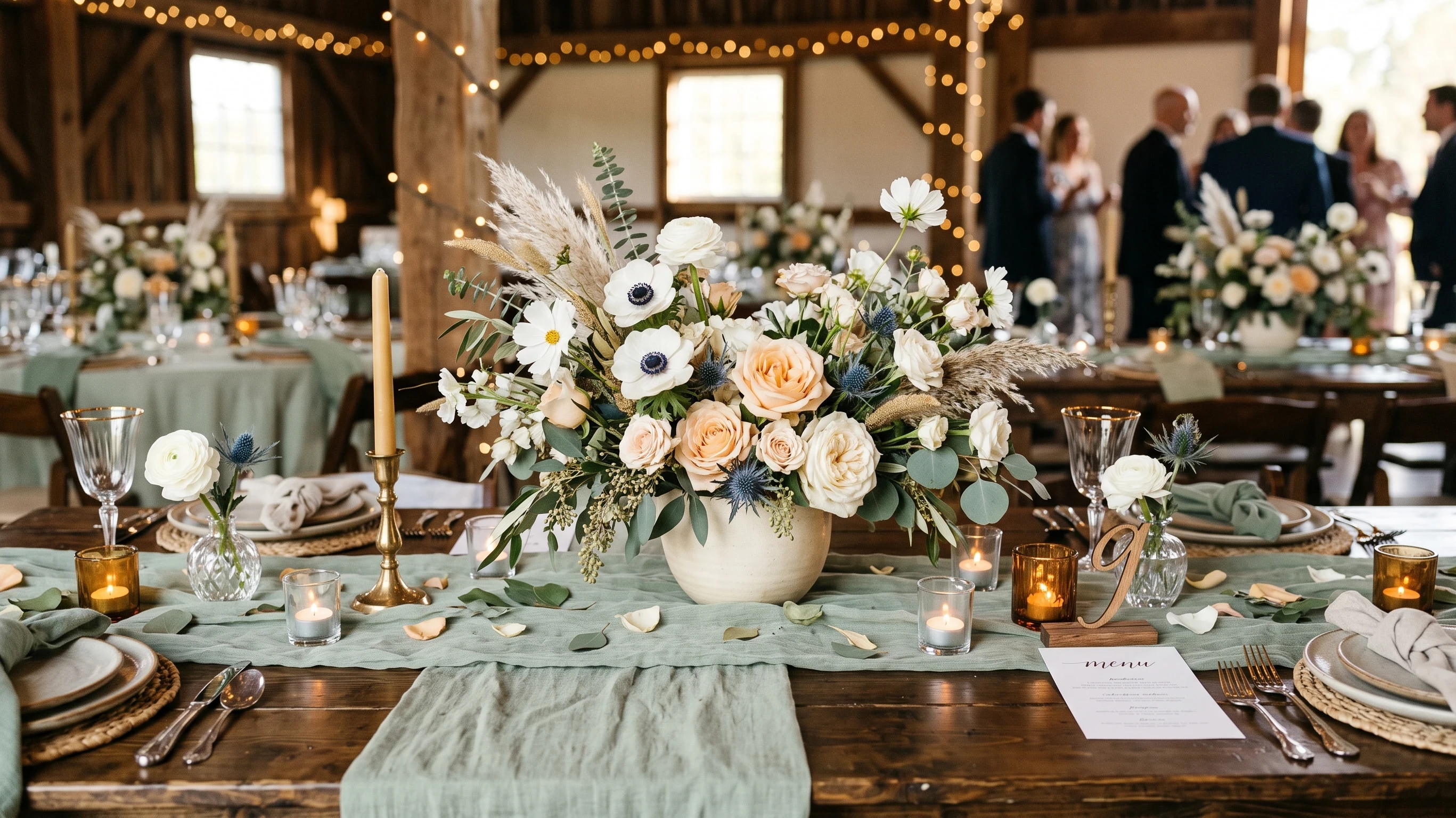 Boho wedding centerpiece Sage Green Linens with Mixed Florals