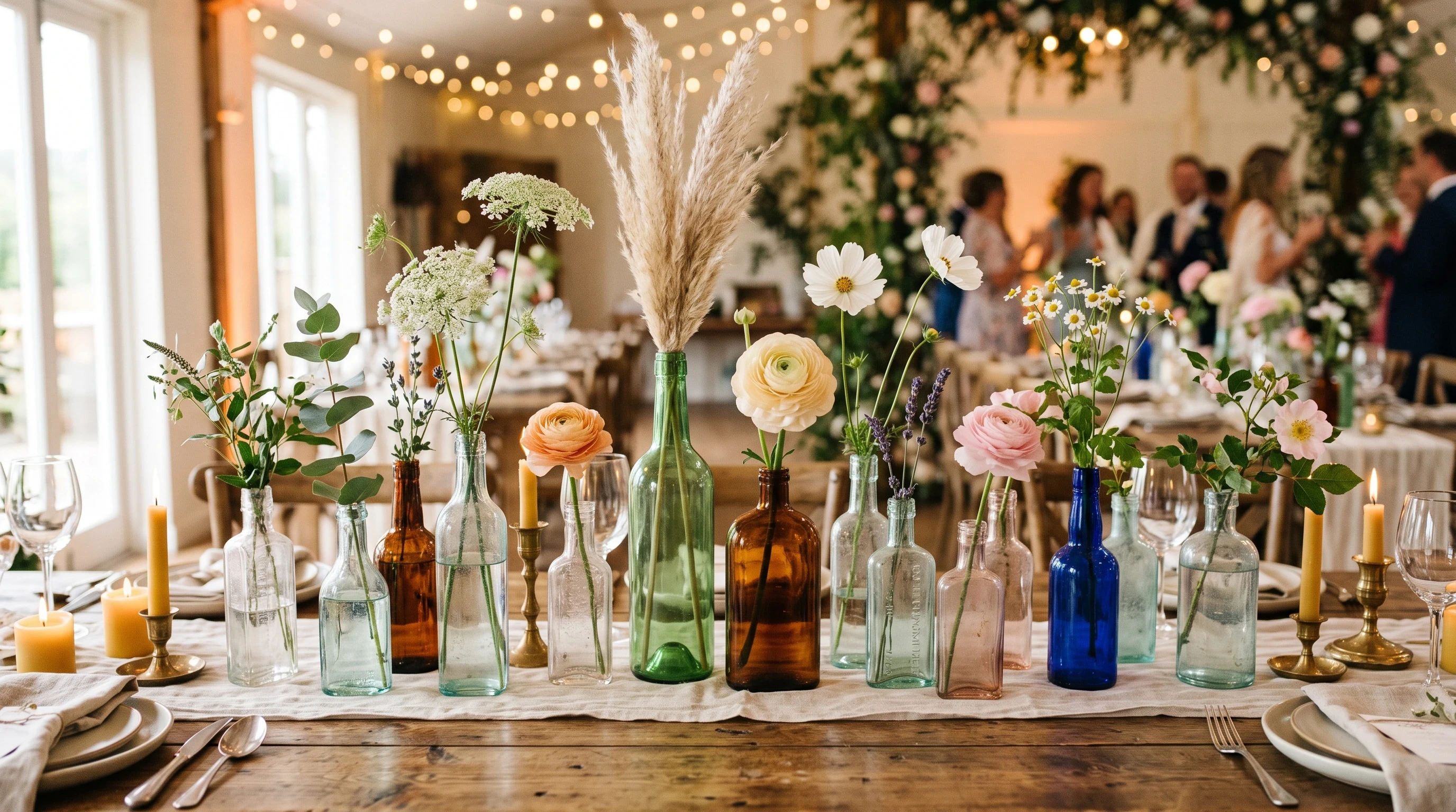 Boho wedding centerpiece Mismatched Vintage Bottles With Single-Stem Flowers