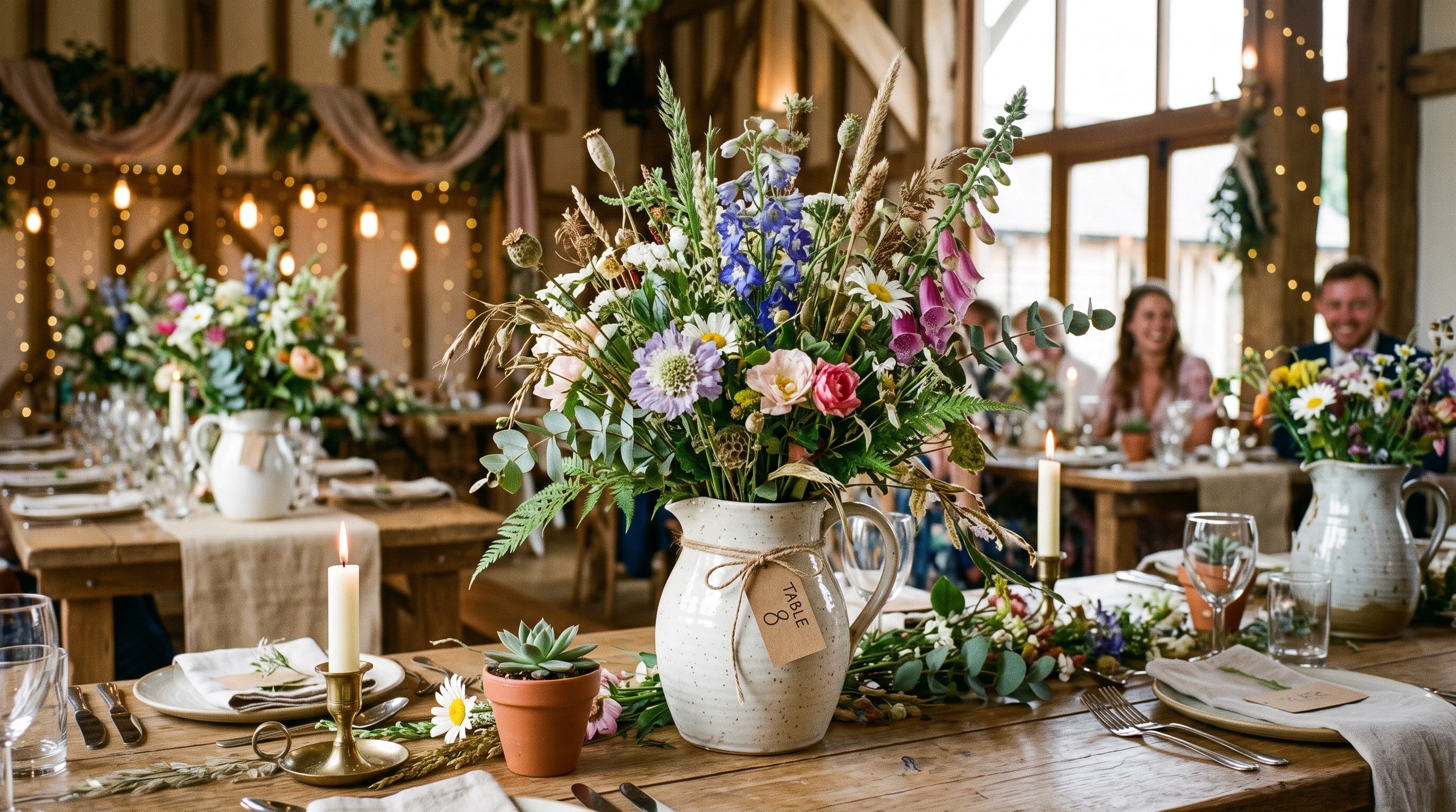 Boho wedding centerpiece Ceramic Pitchers with Overflowing Wild Bouquets
