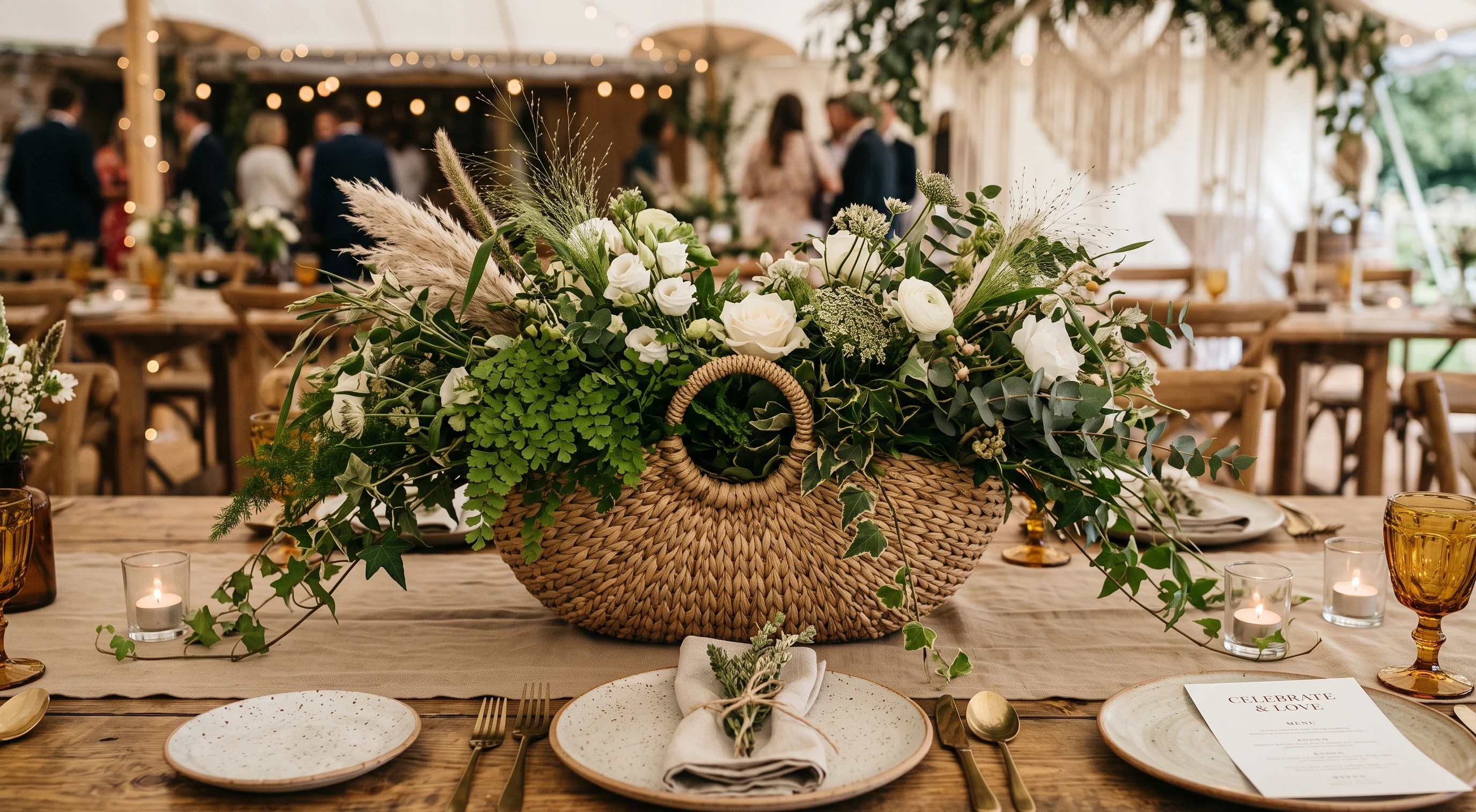 Boho wedding centerpiece Handwoven Baskets Overflowing With Textural Greenery