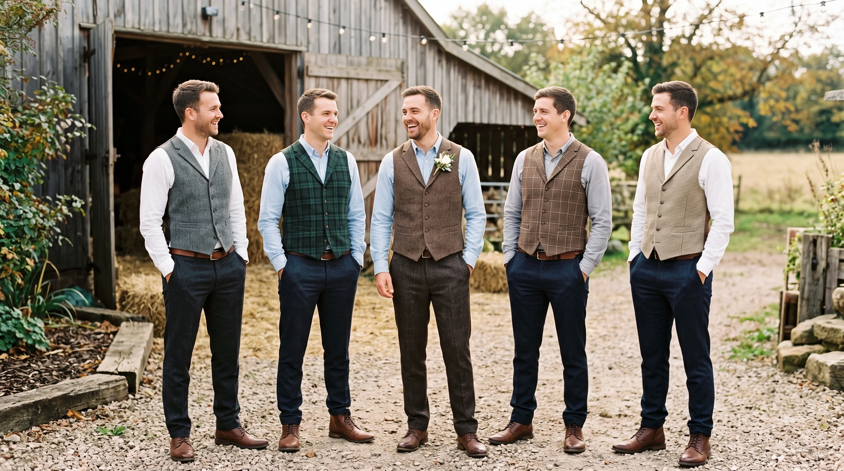 Groomsmen Attire for Rustic Tweed Vests with Tailored Trousers