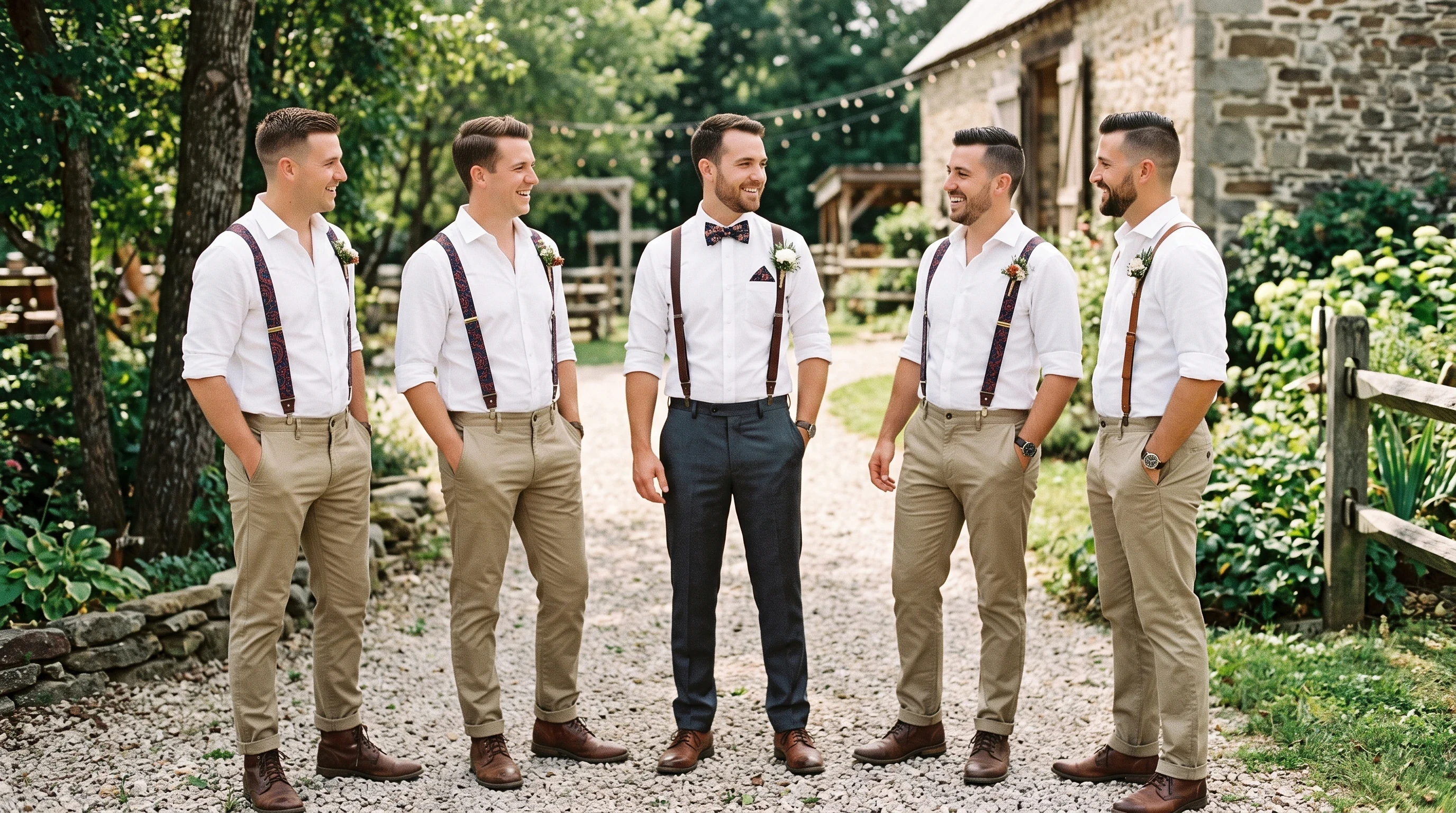 Groomsmen attire for Suspenders with Crisp Shirts and Trousers