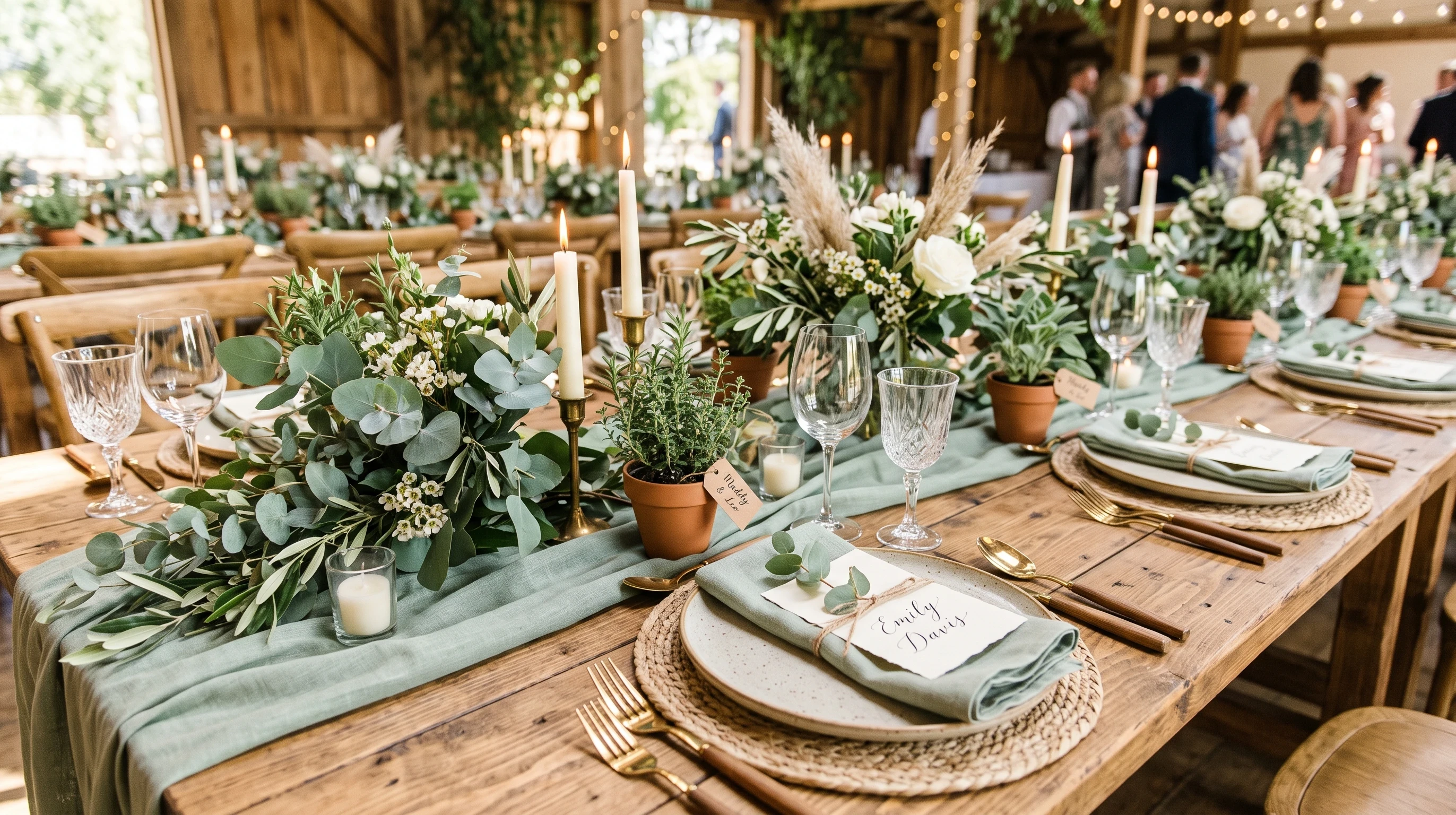 Boho Wedding Table Setting for Sage Green and Natural Wood Table