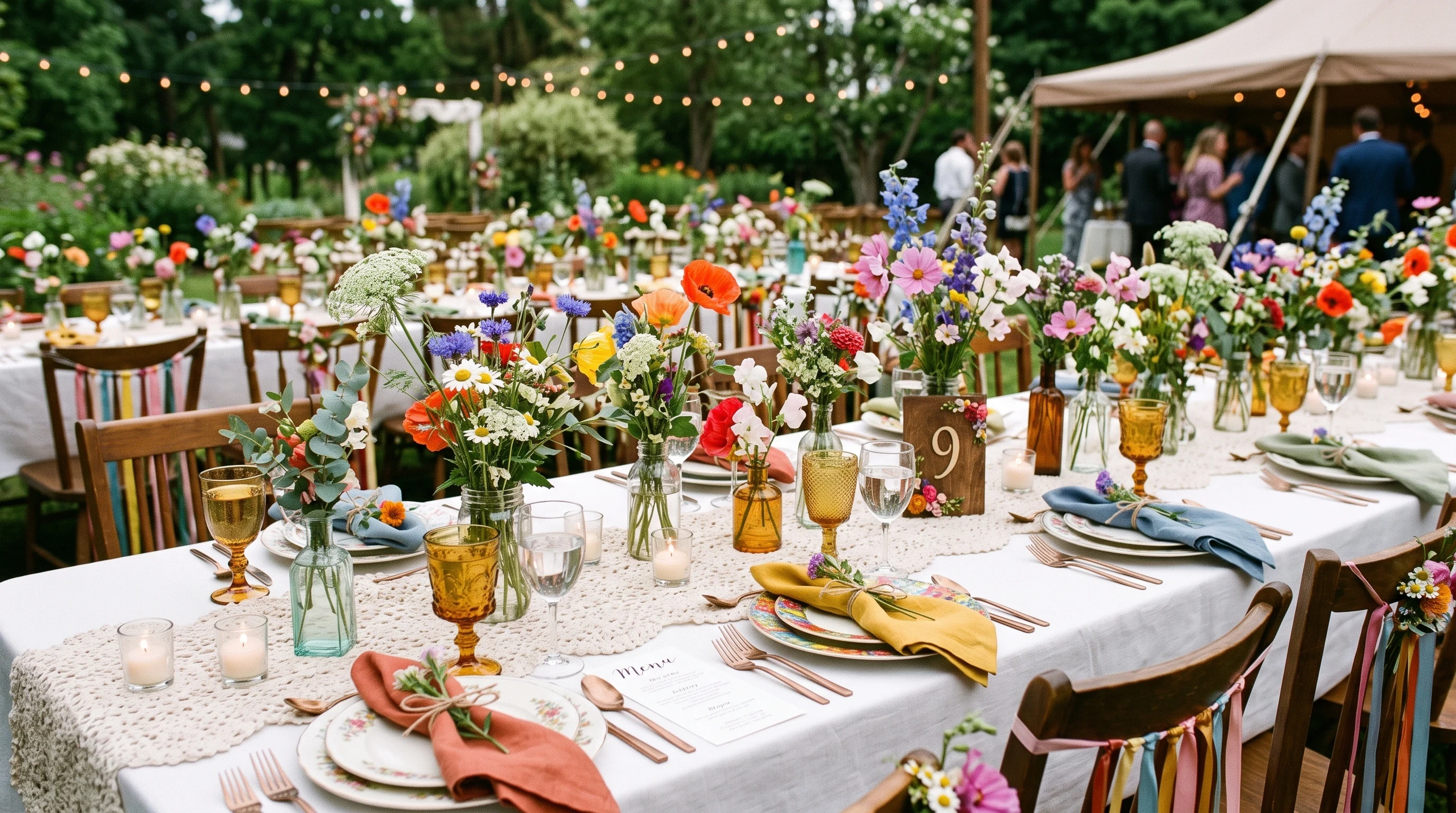 Boho Wedding Table Setting on Colorful Wildflower Table Setting