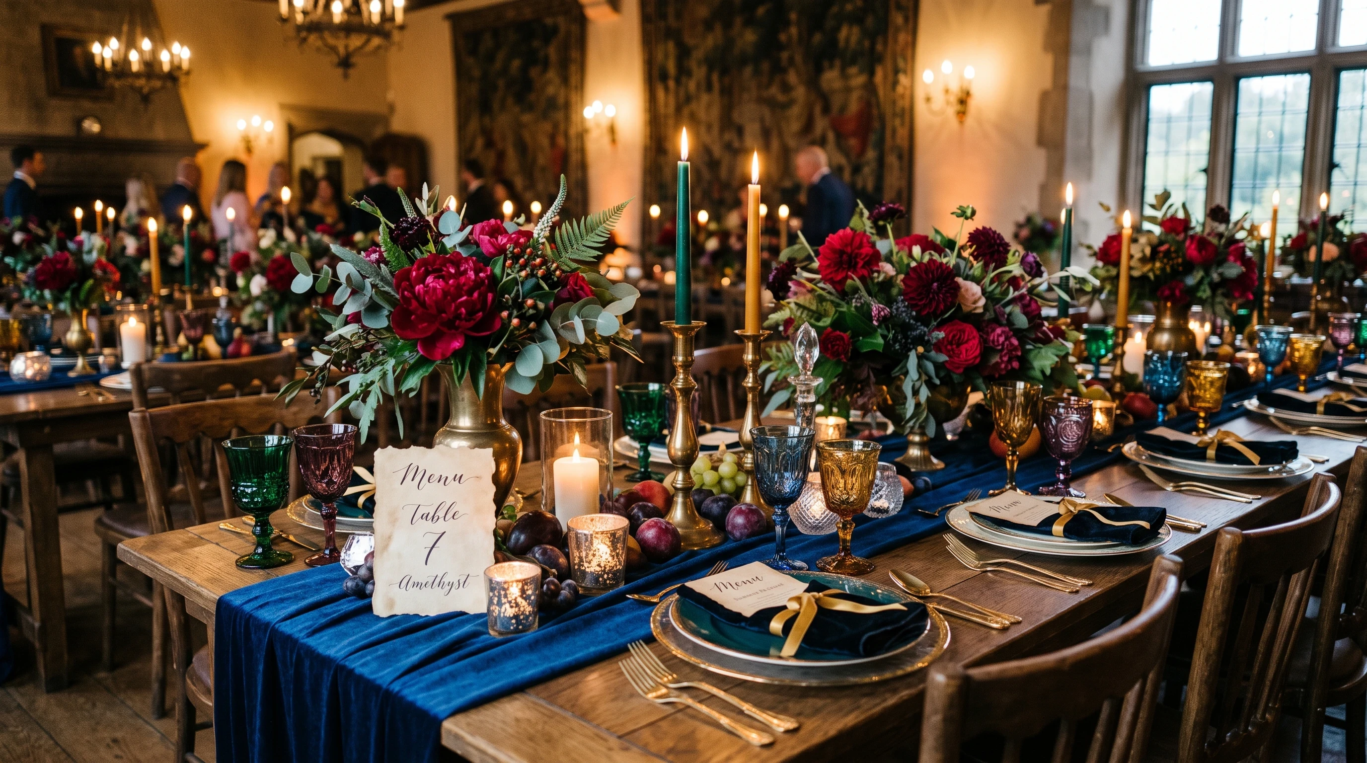 Boho Wedding Table Setting for Vintage Glassware and Jewel Tones