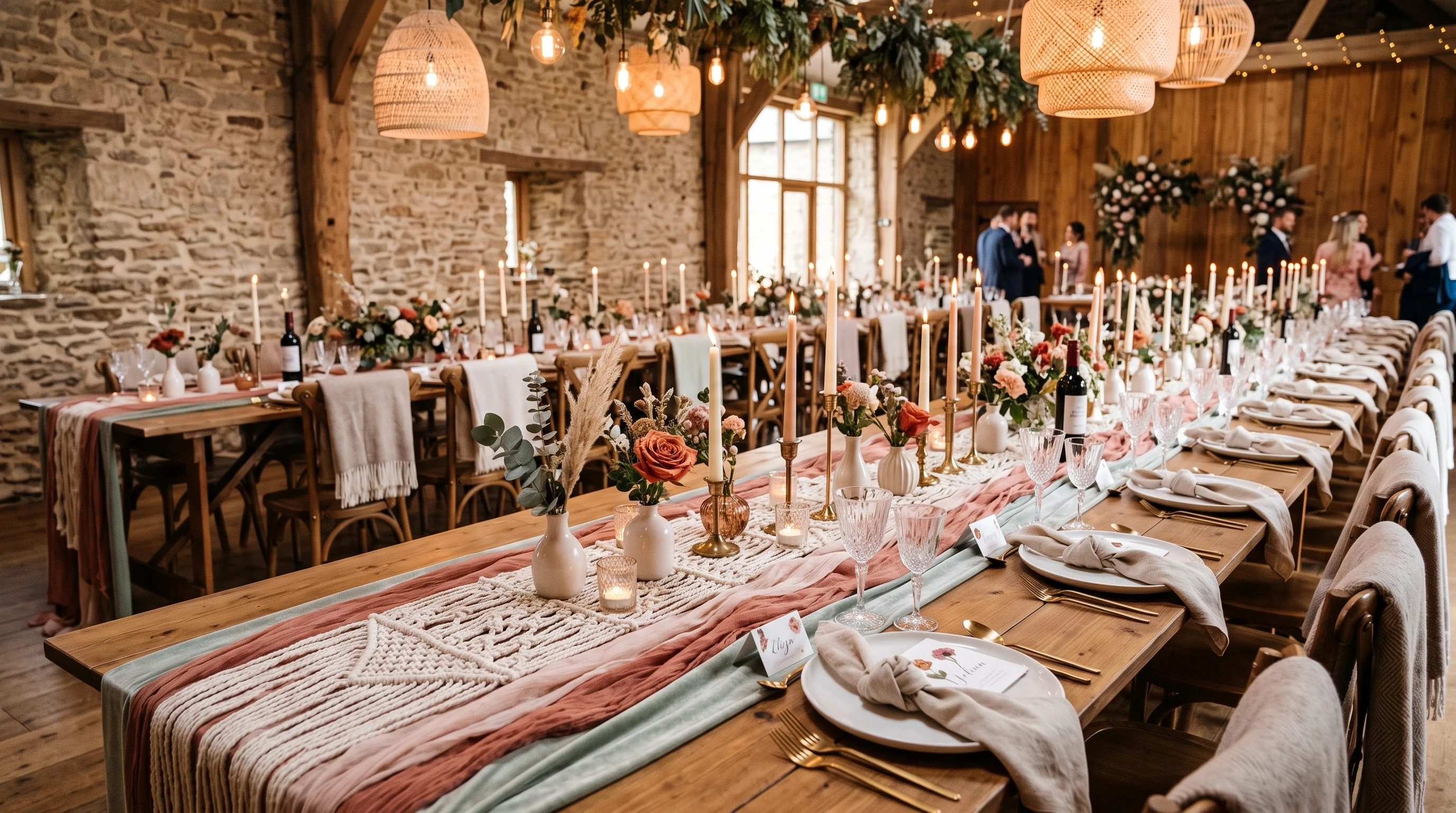 Boho Wedding Table Setting for Layered Runners on Long Banquet Tables